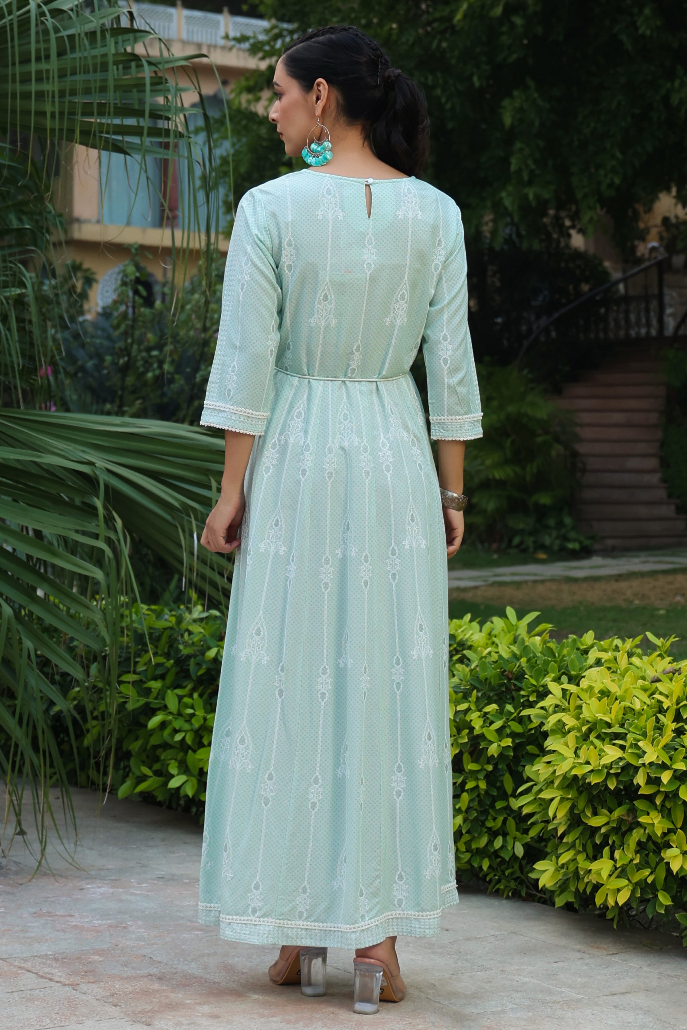 Juniper Mint Ethnic Motif Printed Rayon Maxi Dress with Buttons & Lace Work