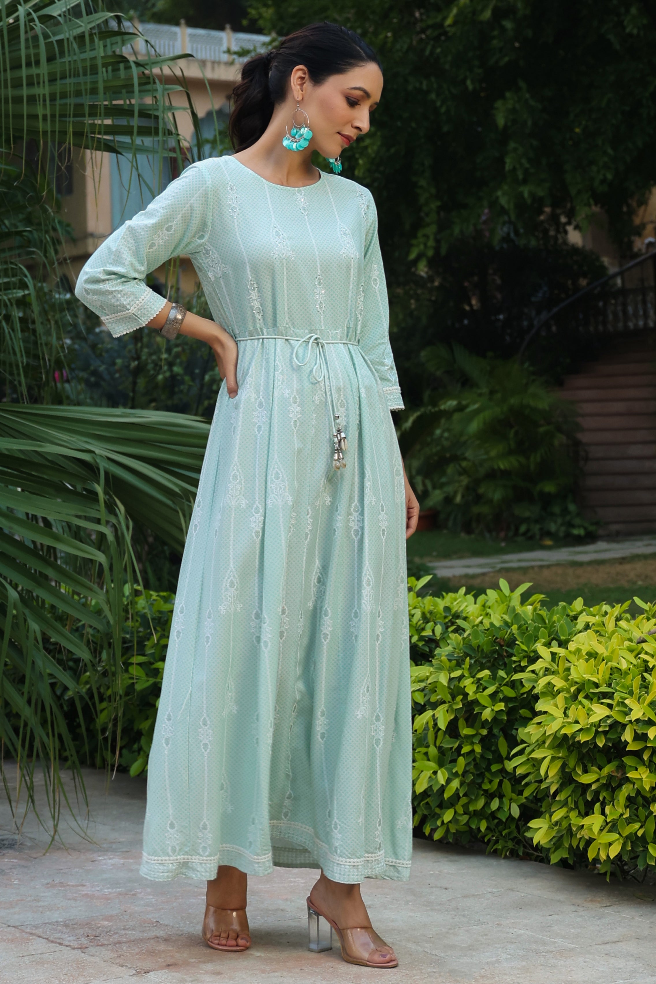 Juniper Mint Ethnic Motif Printed Rayon Maxi Dress with Buttons & Lace Work