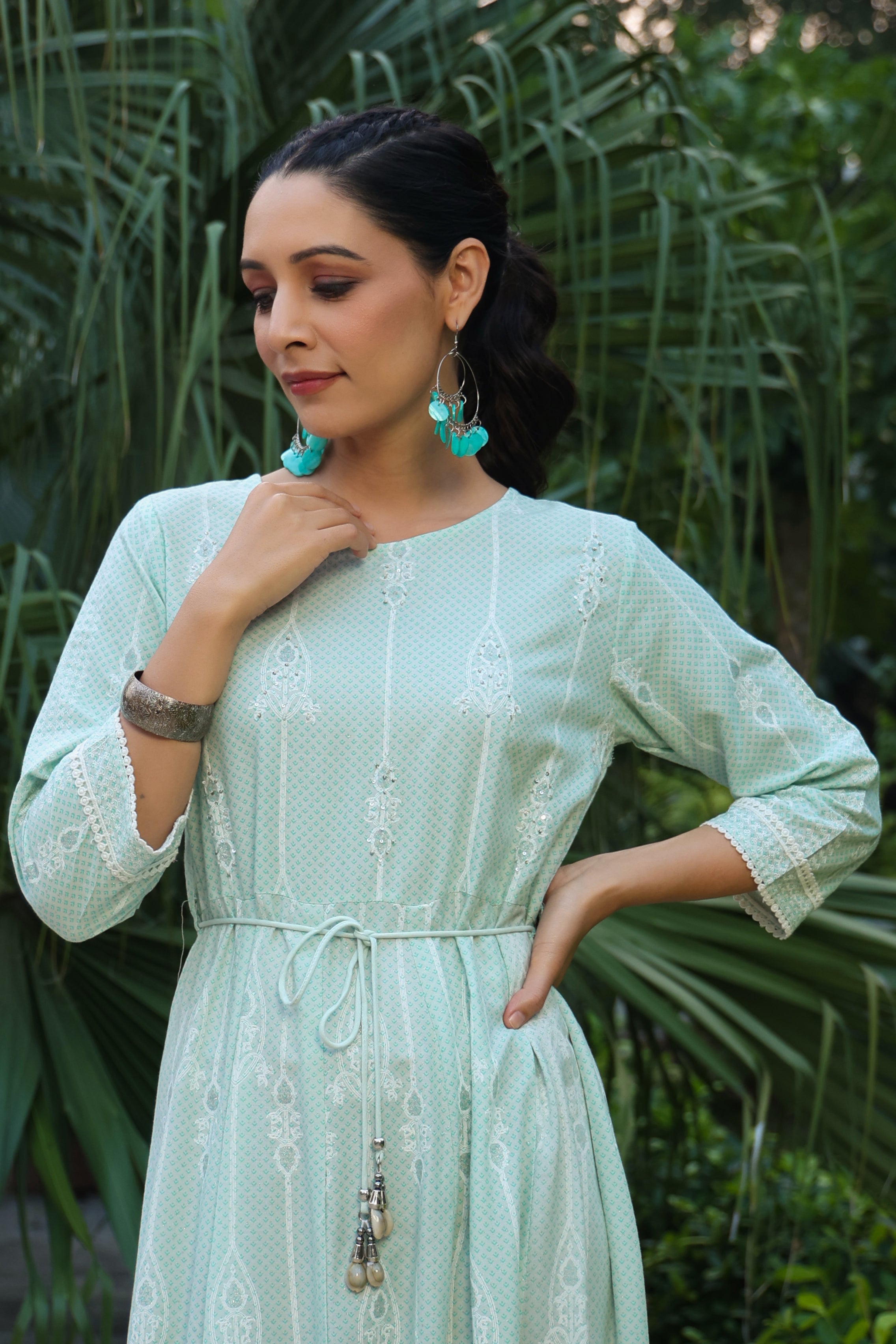 Juniper Mint Ethnic Motif Printed Rayon Maxi Dress with Buttons & Lace Work