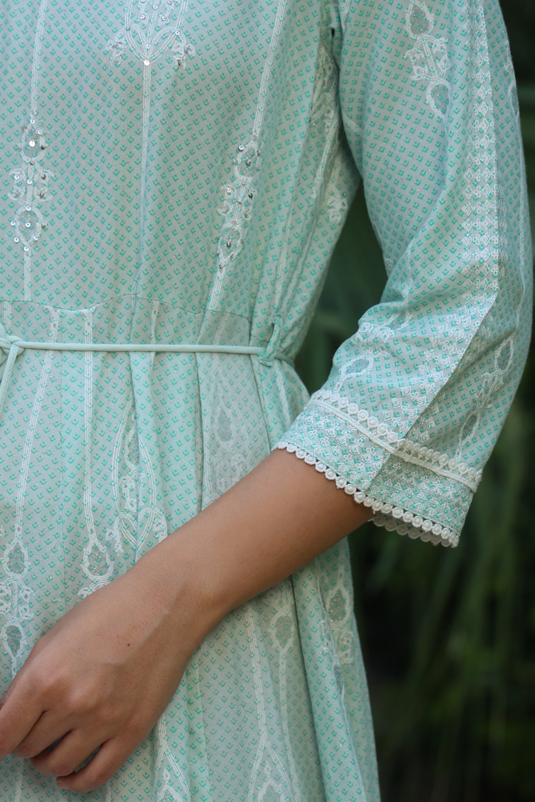 Juniper Mint Ethnic Motif Printed Rayon Maxi Dress with Buttons & Lace Work