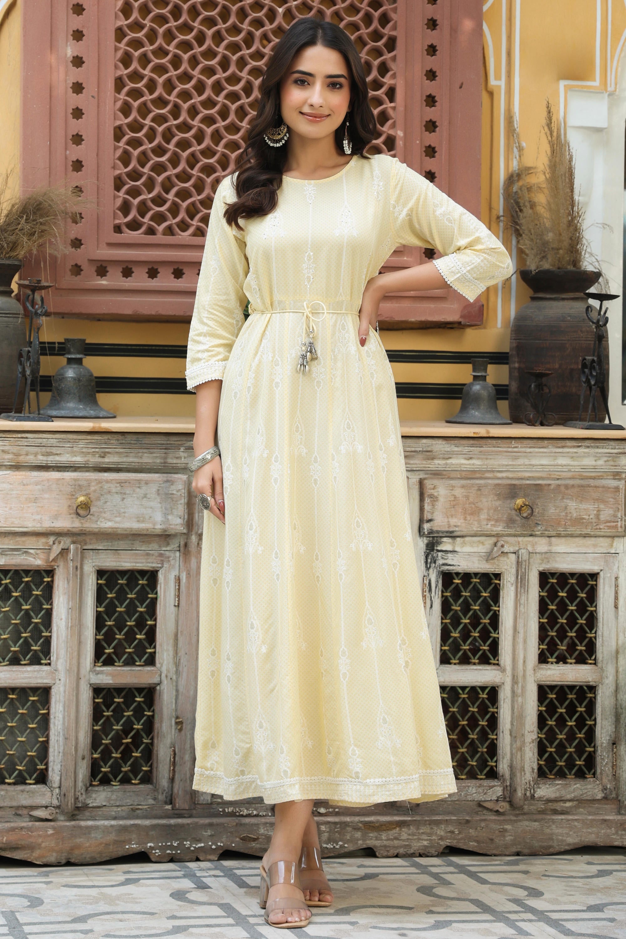 Yellow Ethnic Motif Printed Liva RayonMaxi Dress with Buttons & Lace Work