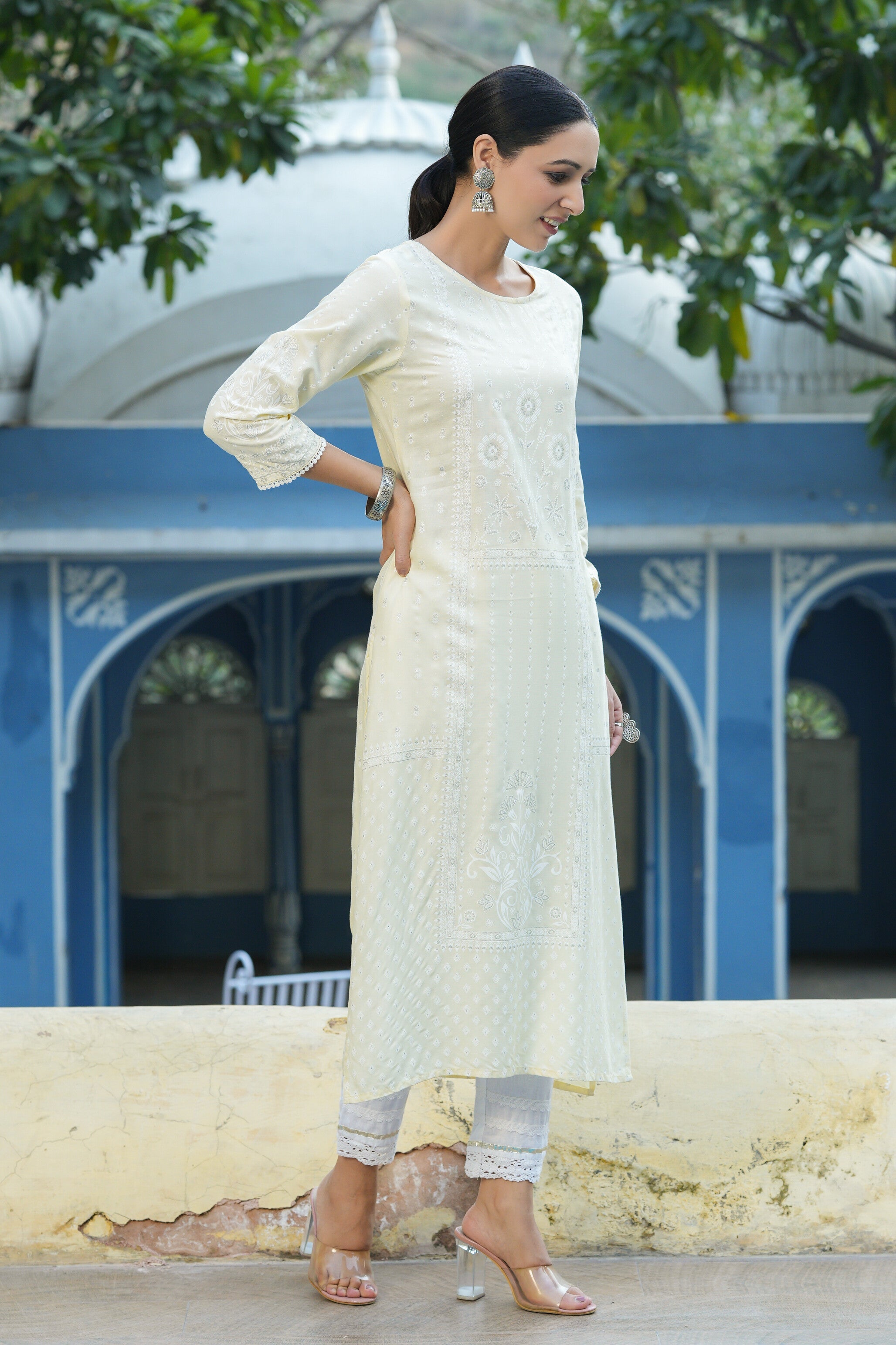 Juniper Light Yellow Ethnic Motif Printed Rayon Kurta With Lace Work