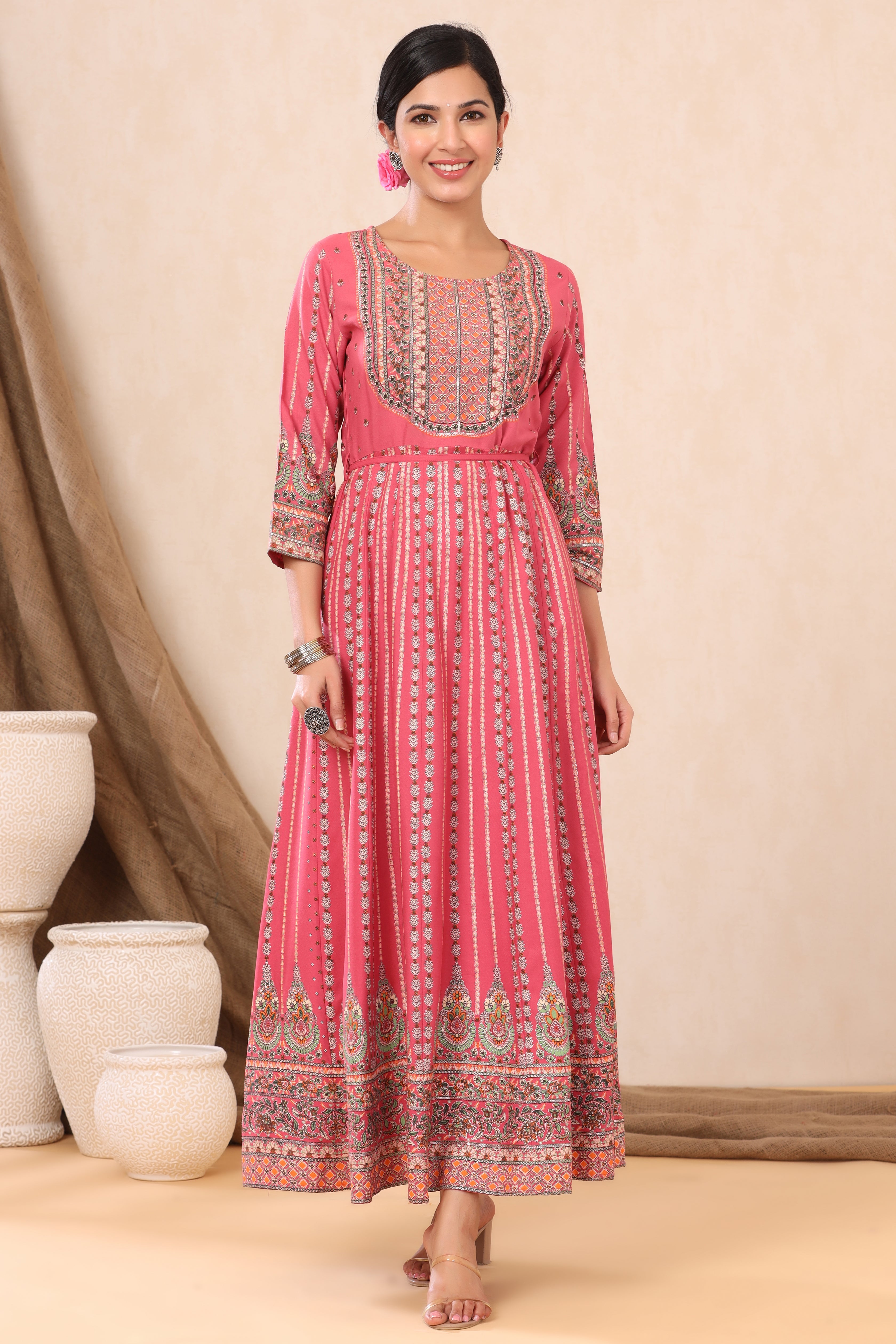 Juniper Pink Ethnic Motif Printed Rayon Maxi Dress with Sequins Work
