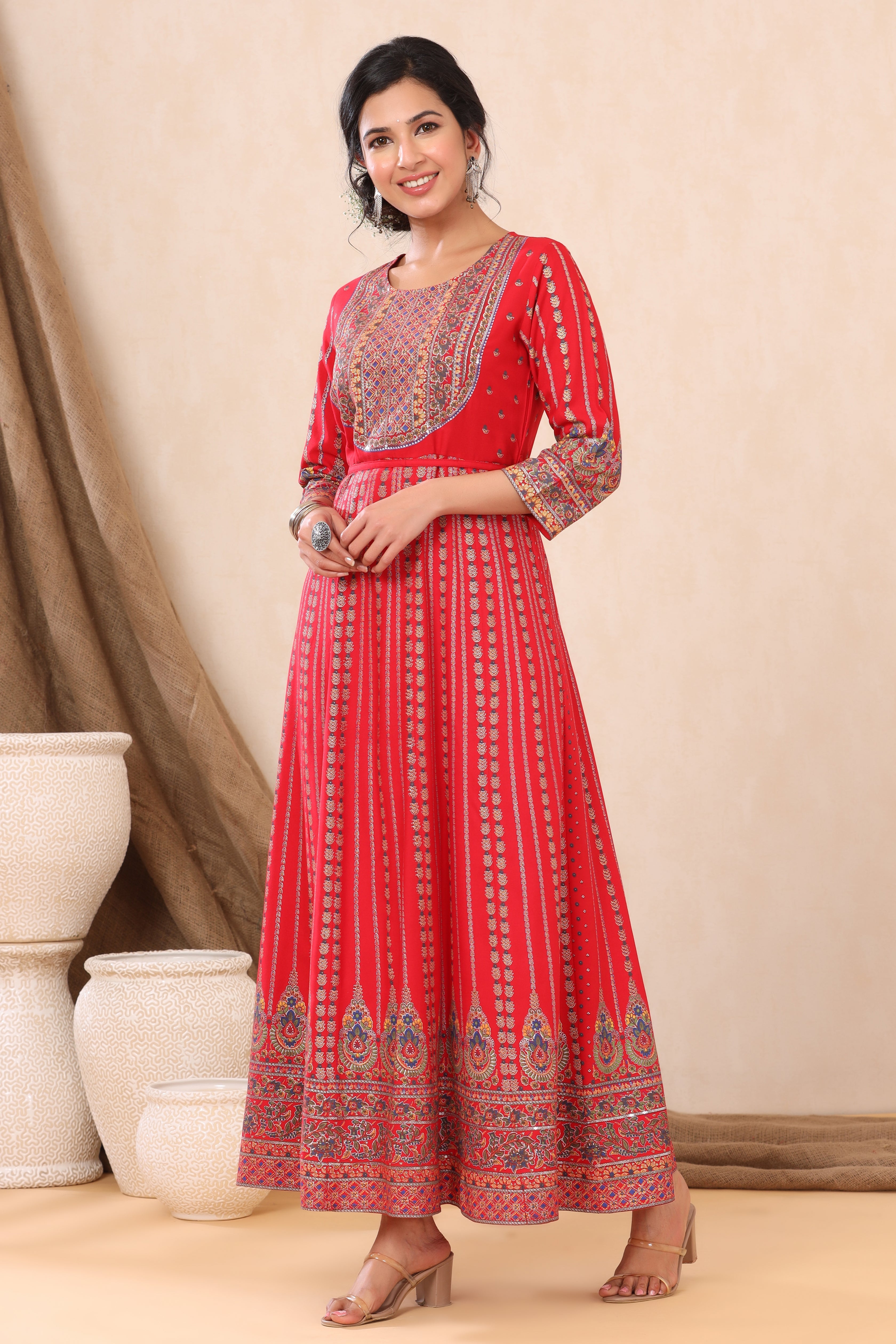 Juniper Red LIVA Rayon Printed Anarkali Dress