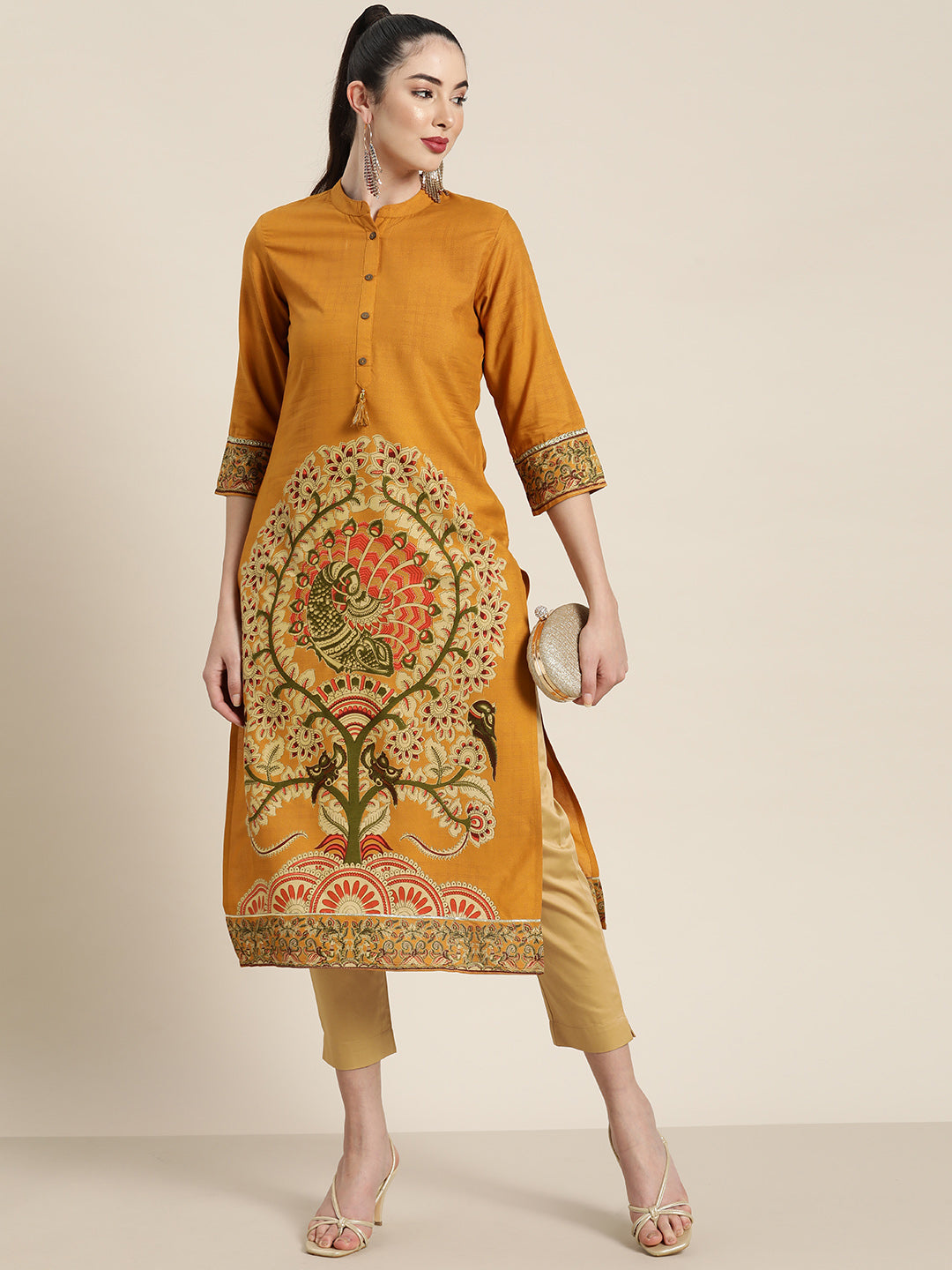 Juniper Mustard Ethnic Motif Printed Rayon Straight Kurta With Buttons & Tassels