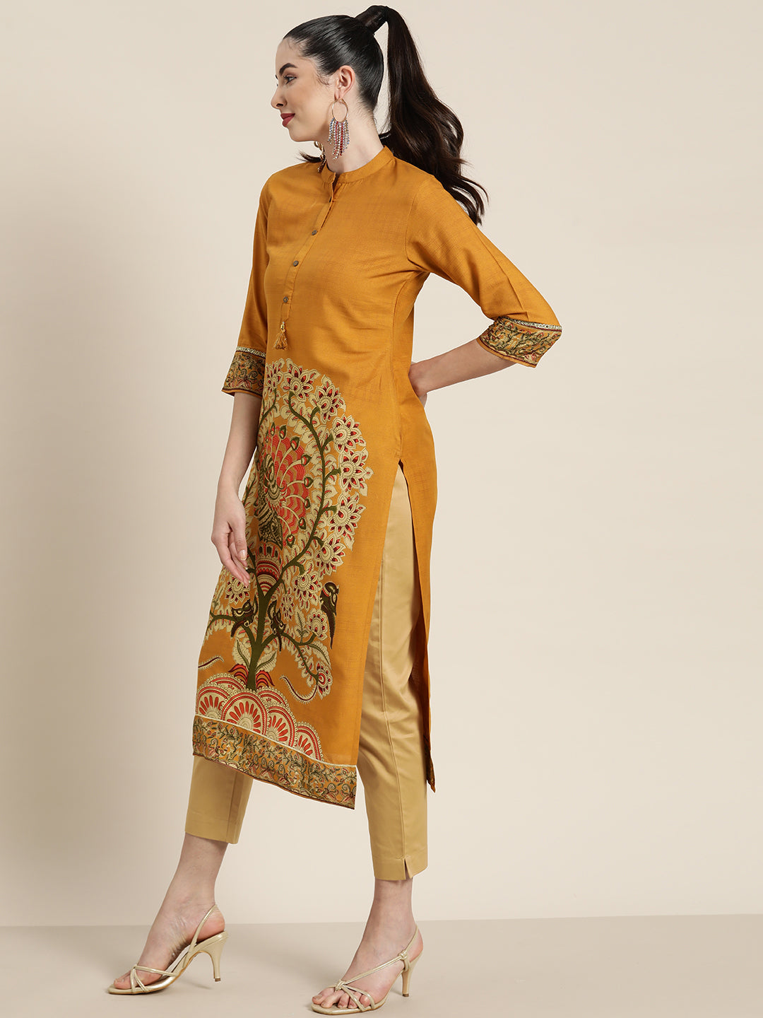 Juniper Mustard Ethnic Motif Printed Rayon Straight Kurta With Buttons & Tassels