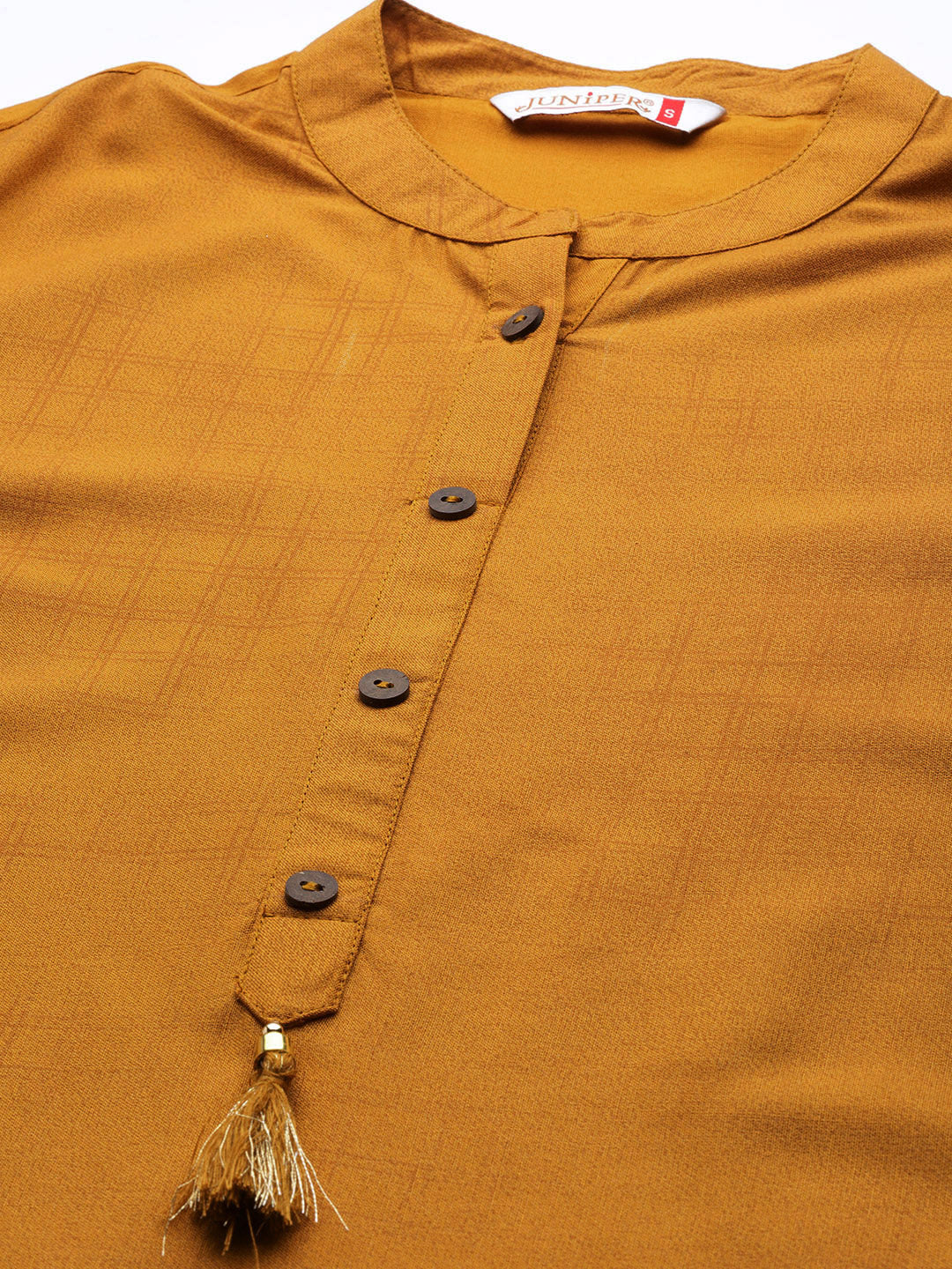 Juniper Mustard Ethnic Motif Printed Rayon Straight Kurta With Buttons & Tassels