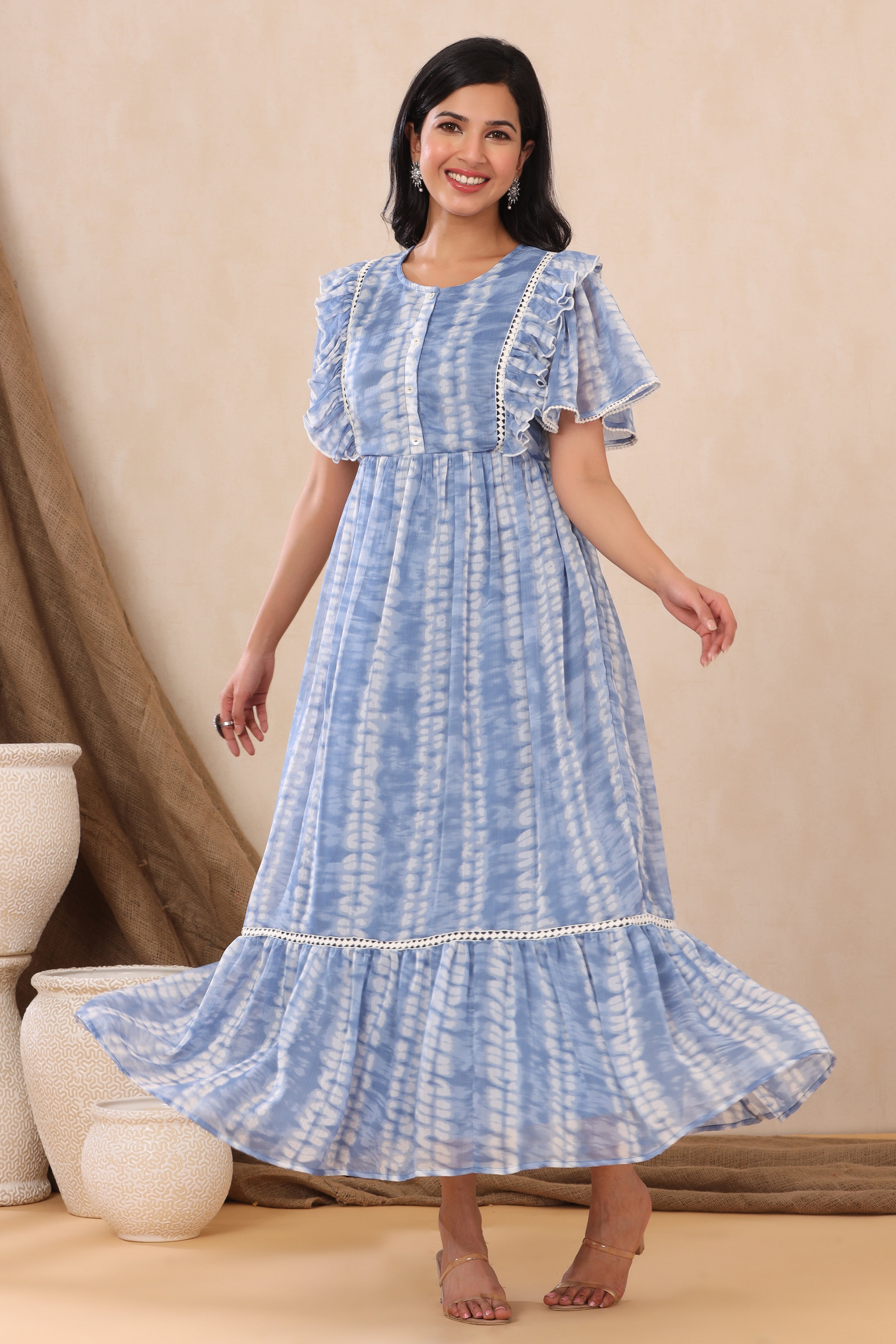 Juniper Powderblue Chiffon Tie & Dye Tiered Dress
