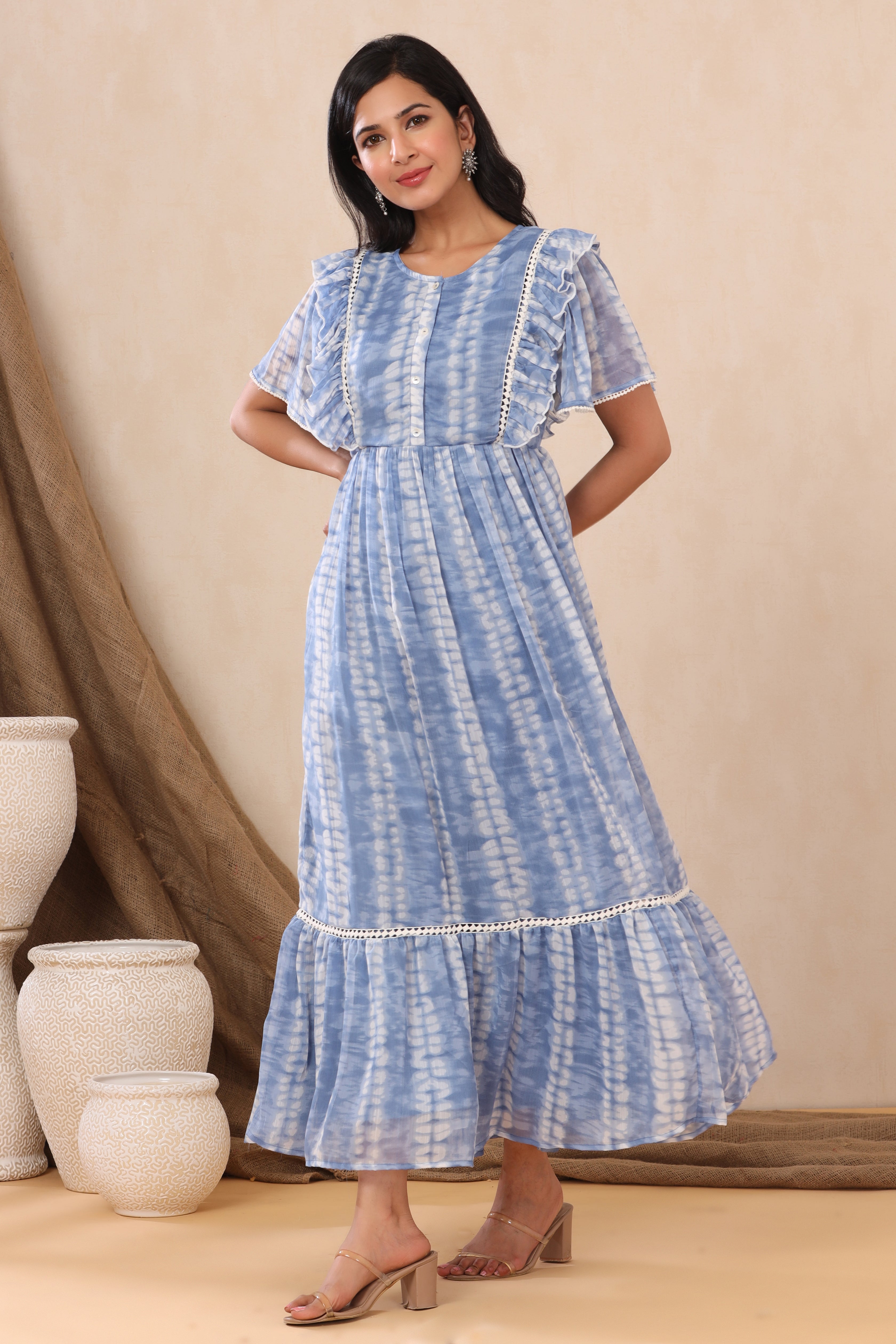 Juniper Powderblue Chiffon Tie & Dye Tiered Dress