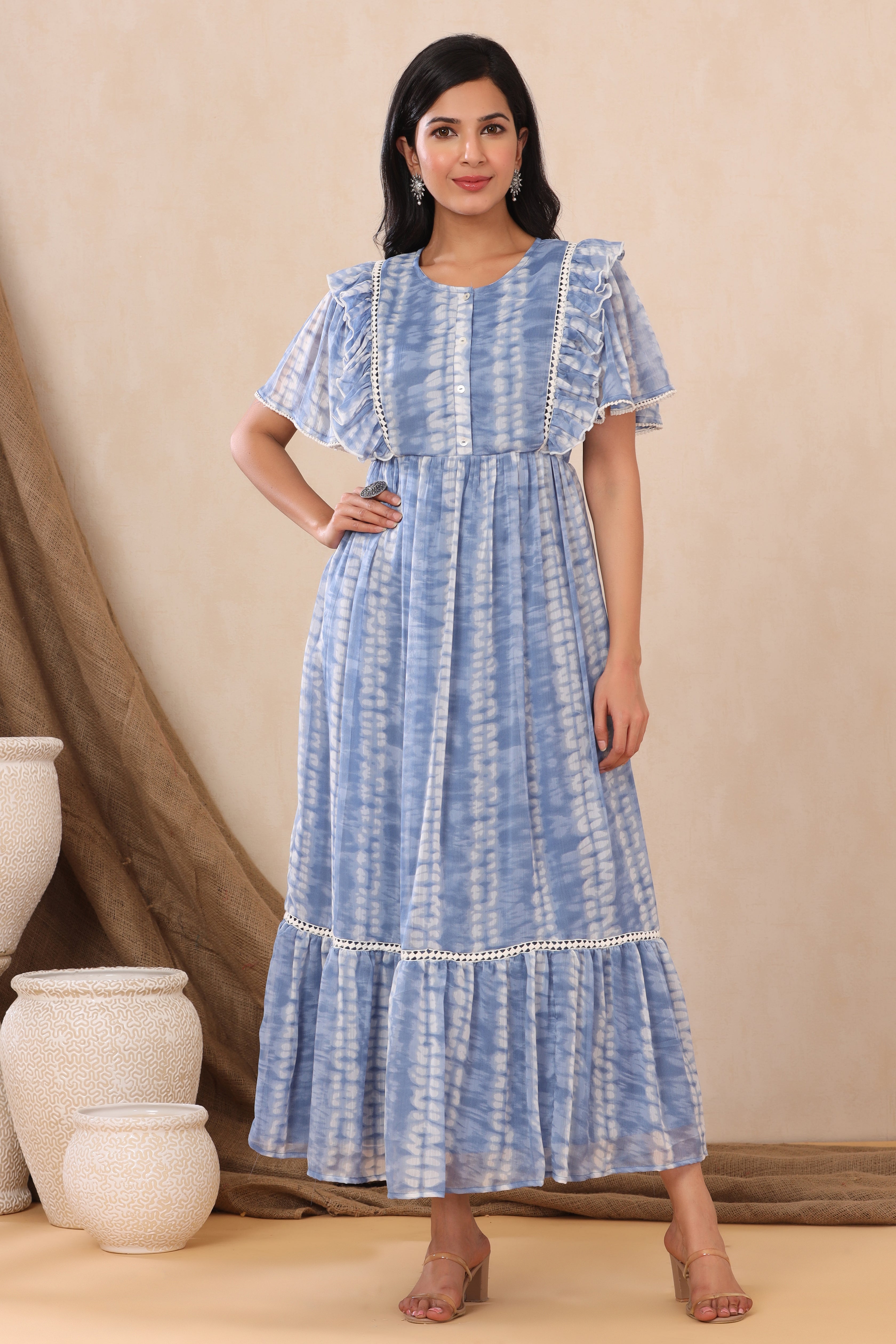 Juniper Powderblue Chiffon Tie & Dye Tiered Dress
