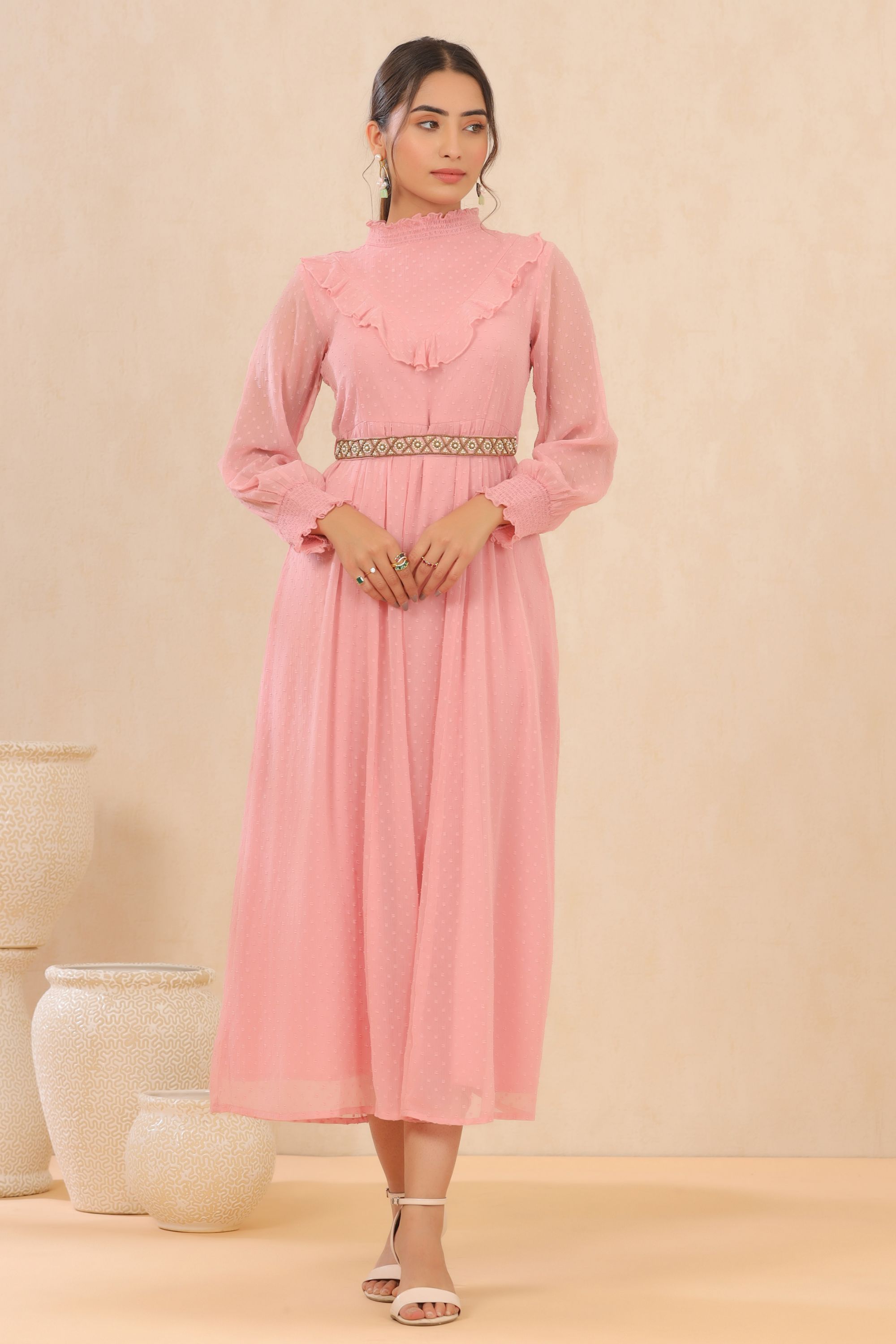 Juniper Women's Pink Chiffon Dobby Solid Flared Maxi Dress