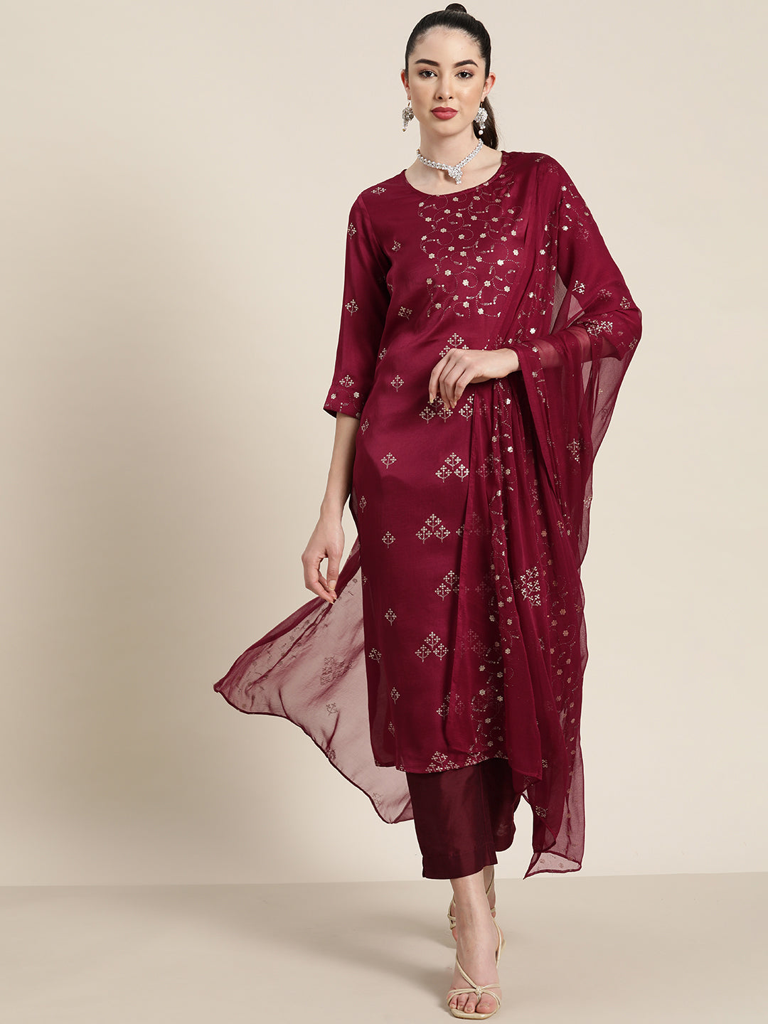 Juniper Wine Silk Printed Straight Kurta Pant Dupatta Set
