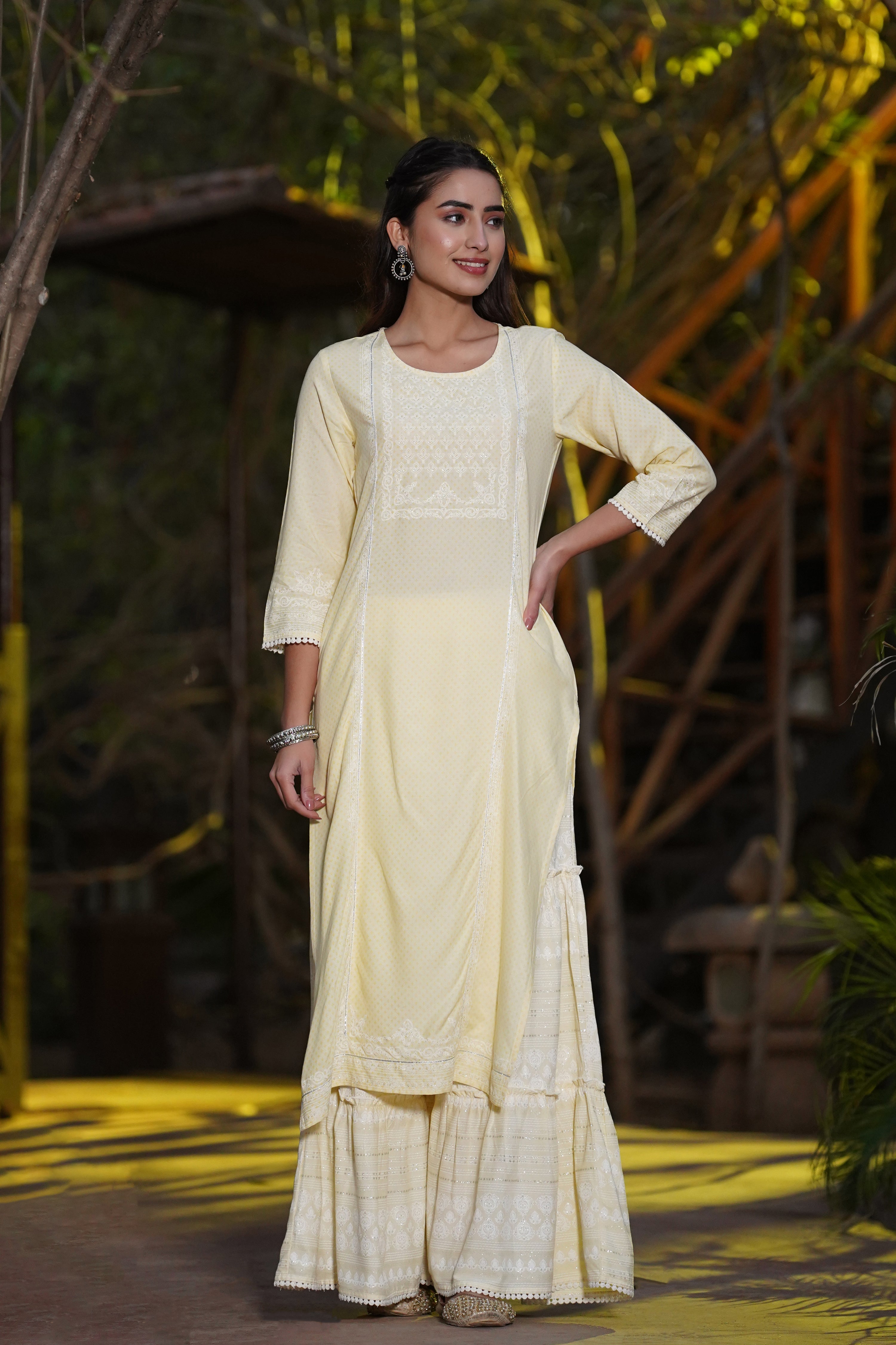 Juniper Yellow Ethnic Motif Printed Rayon Kurta & Sharara Set with Gota & Lace Work
