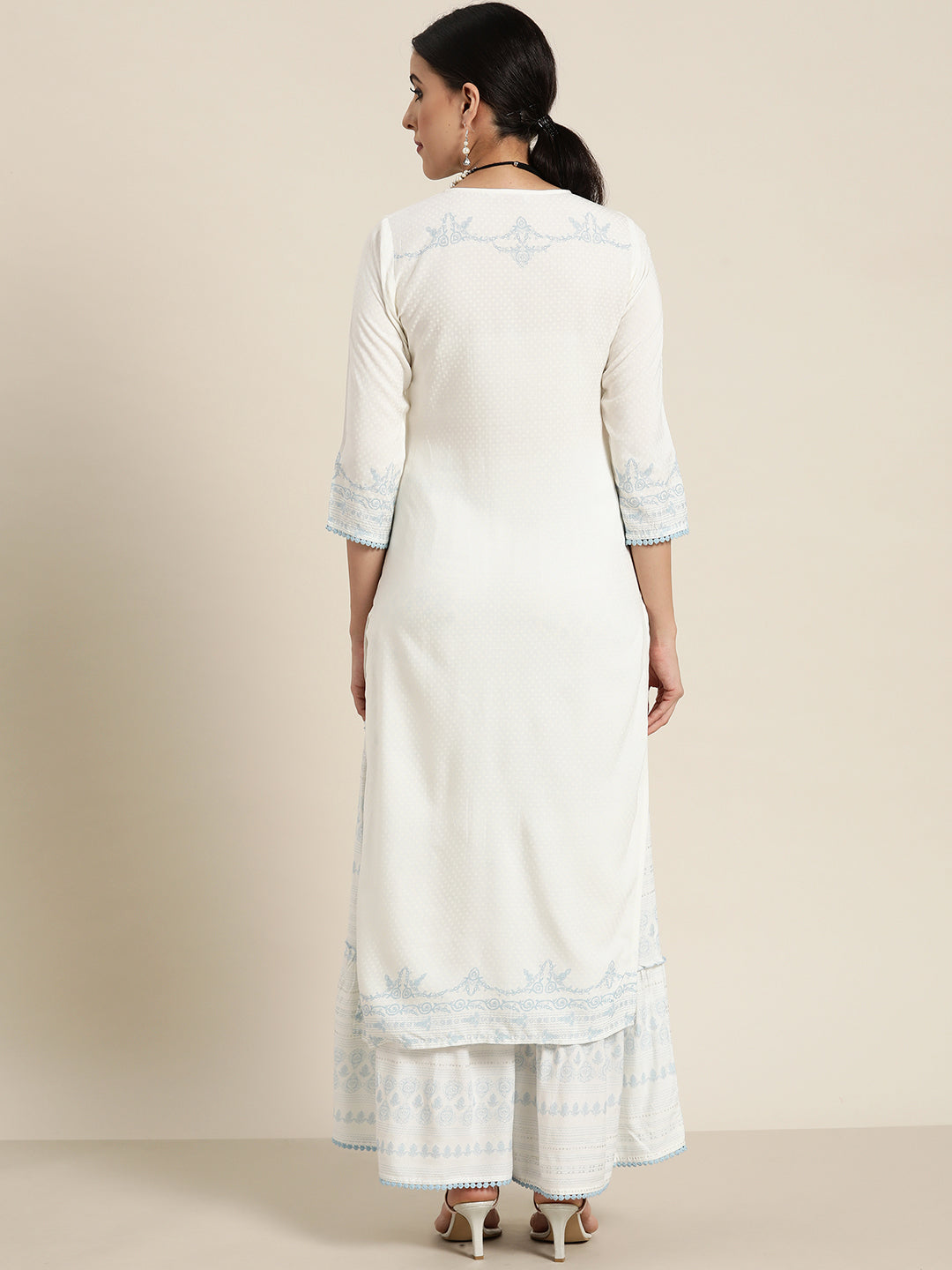 Juniper Off-White Ethnic Motif Printed Rayon Kurta with Gota & Lace Work - Juniper Fashion