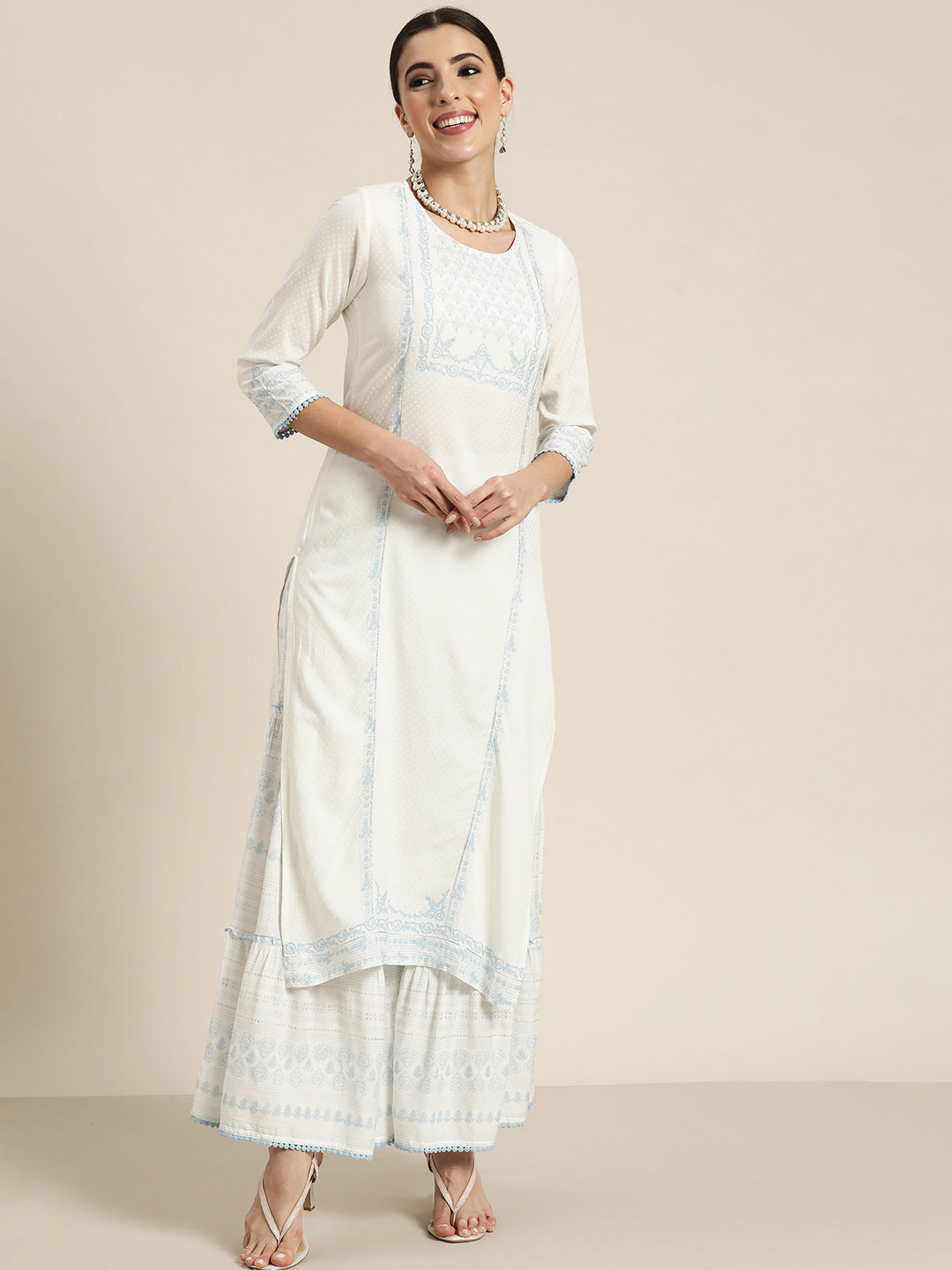 Juniper Off-White Ethnic Motif Printed Rayon Kurta with Gota & Lace Work - Juniper Fashion
