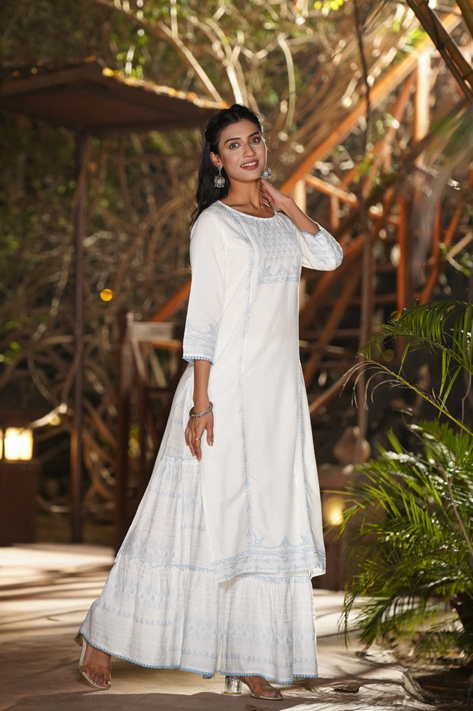 Juniper Off-White Ethnic Motif Printed Rayon Sharara