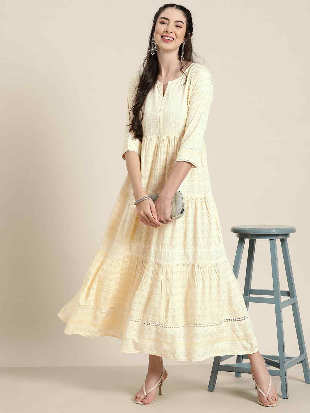 Juniper Light Yellow LIVA Rayon Printed Tiered Dress With Lace Detailing