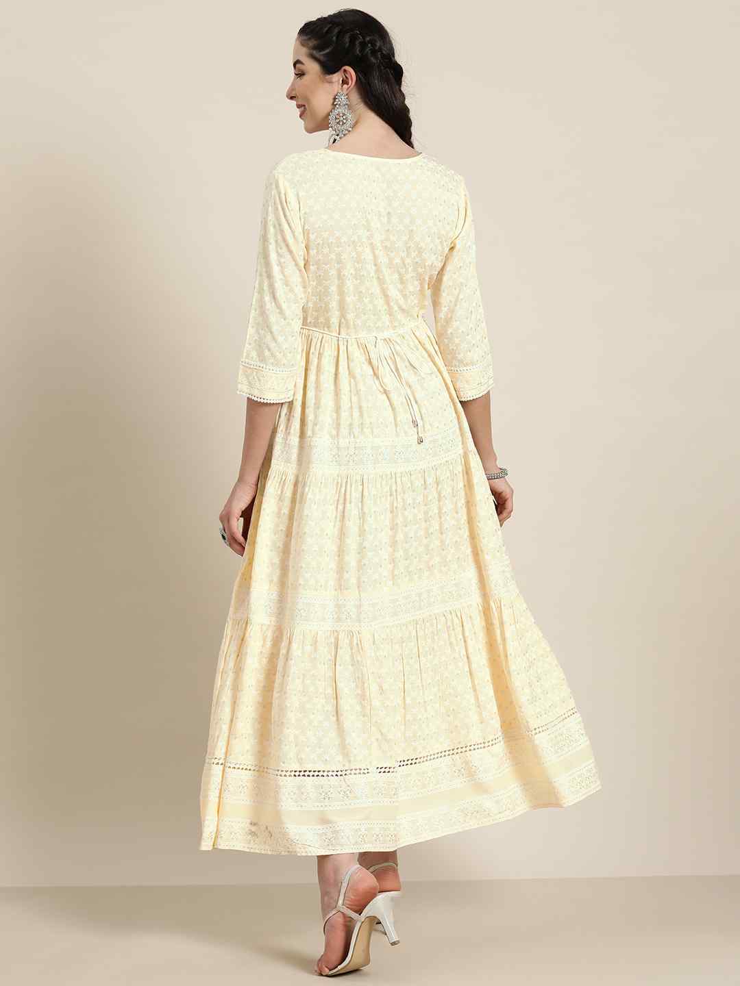 Juniper Light Yellow LIVA Rayon Printed Tiered Dress With Lace Detailing