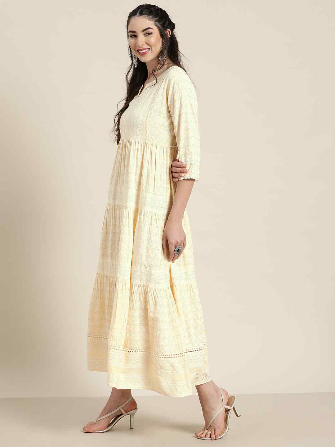 Juniper Light Yellow LIVA Rayon Printed Tiered Dress With Lace Detailing