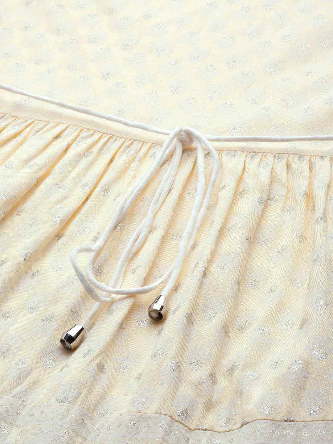 Juniper Light Yellow LIVA Rayon Printed Tiered Dress With Lace Detailing