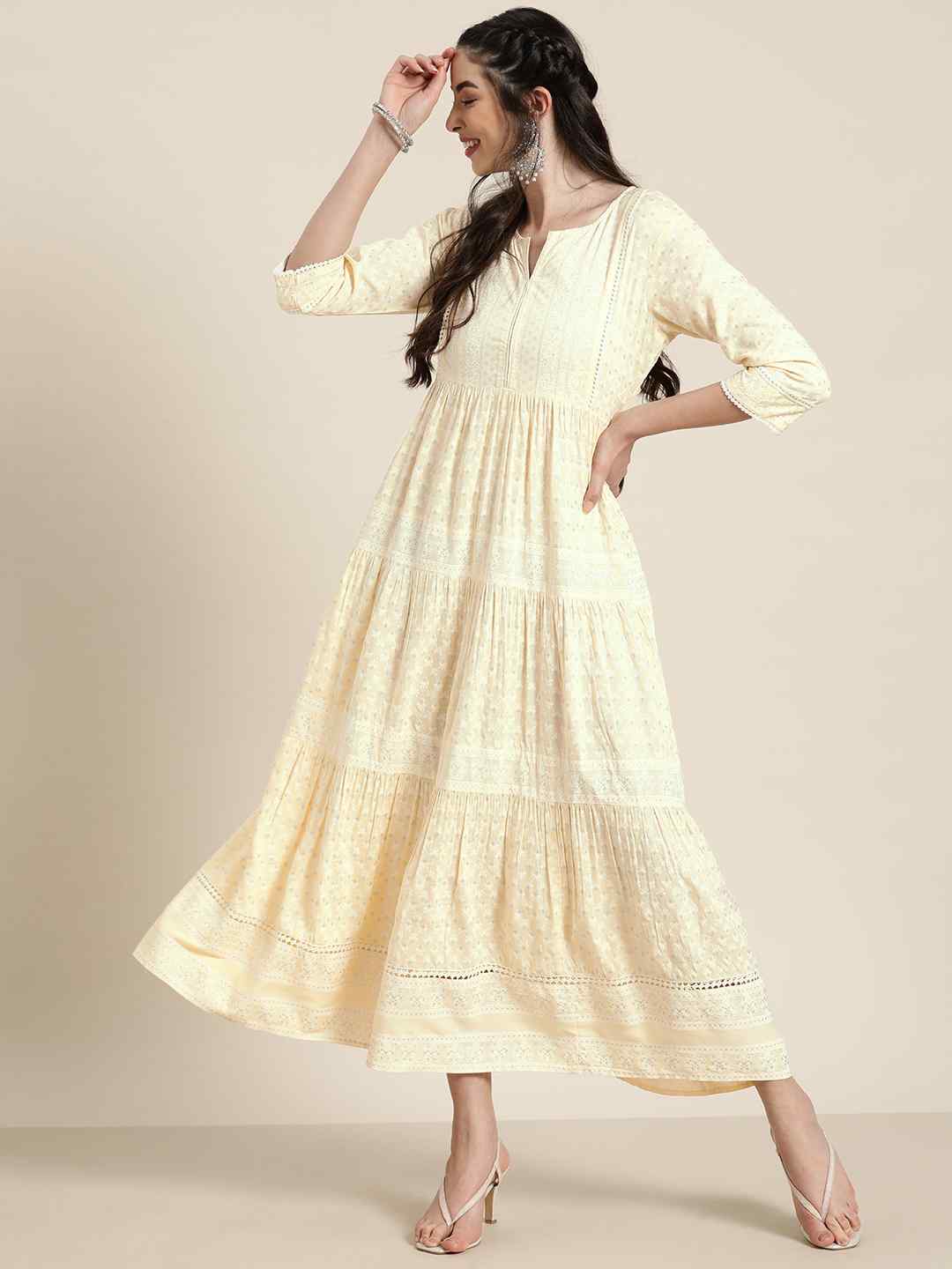 Juniper Light Yellow LIVA Rayon Printed Tiered Dress With Lace Detailing