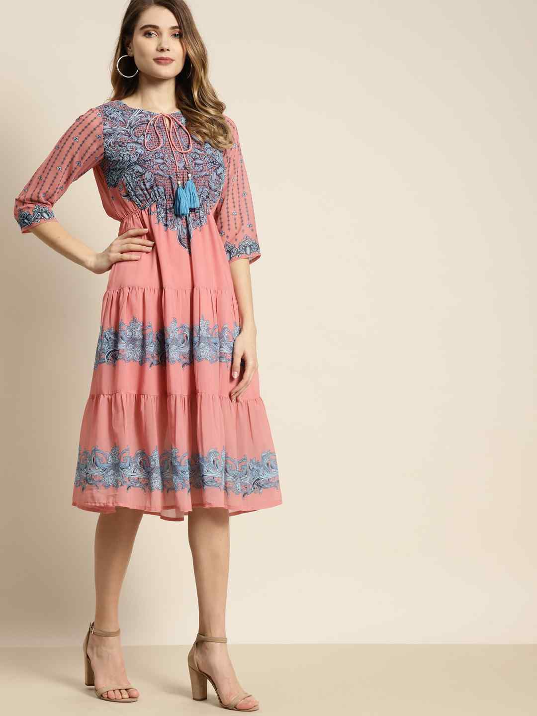 Juniper Pink Georgette Printed Tiered Dress