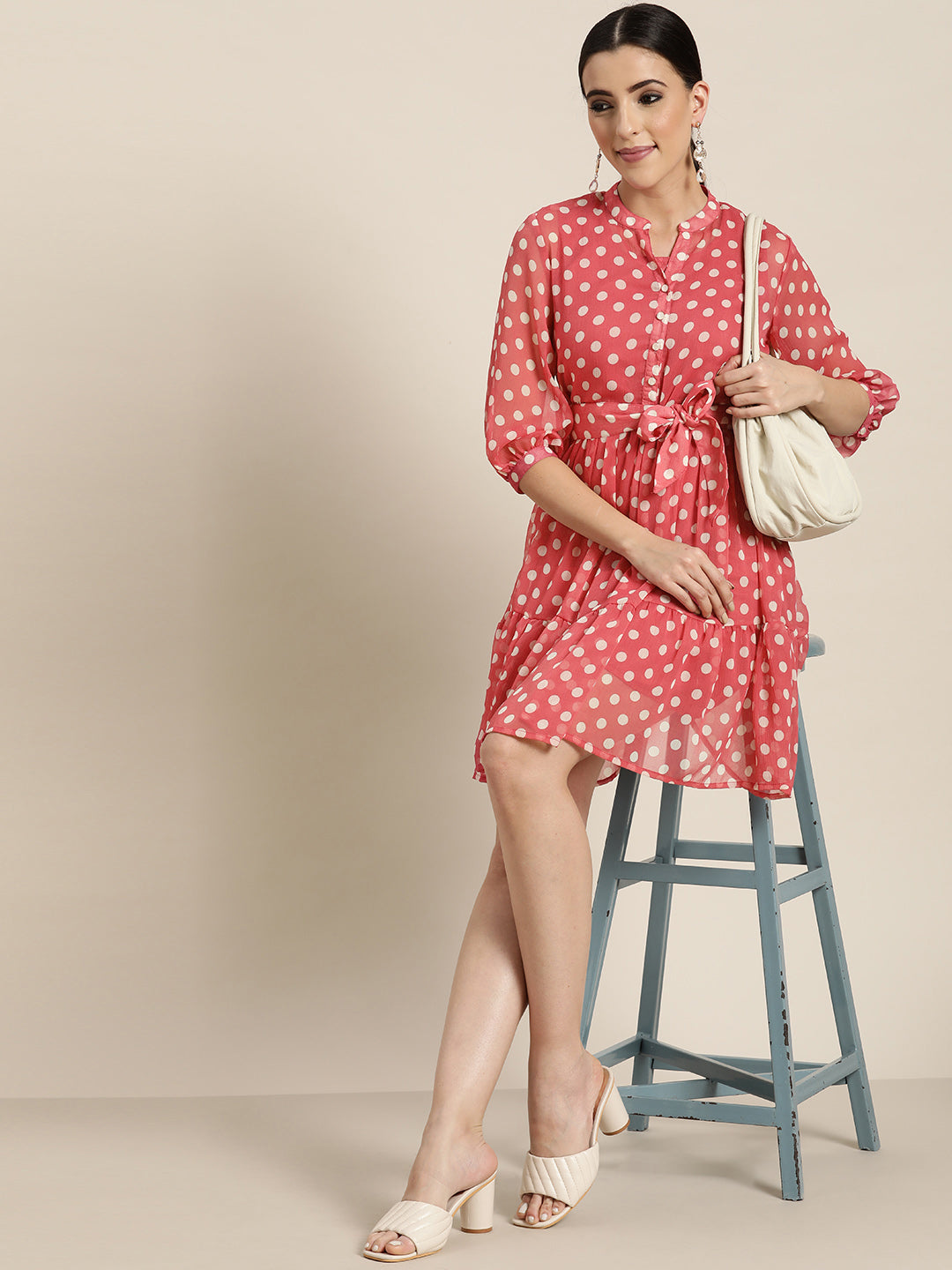 Juniper Pink Polka Dot Printed Chiffon Short Dress