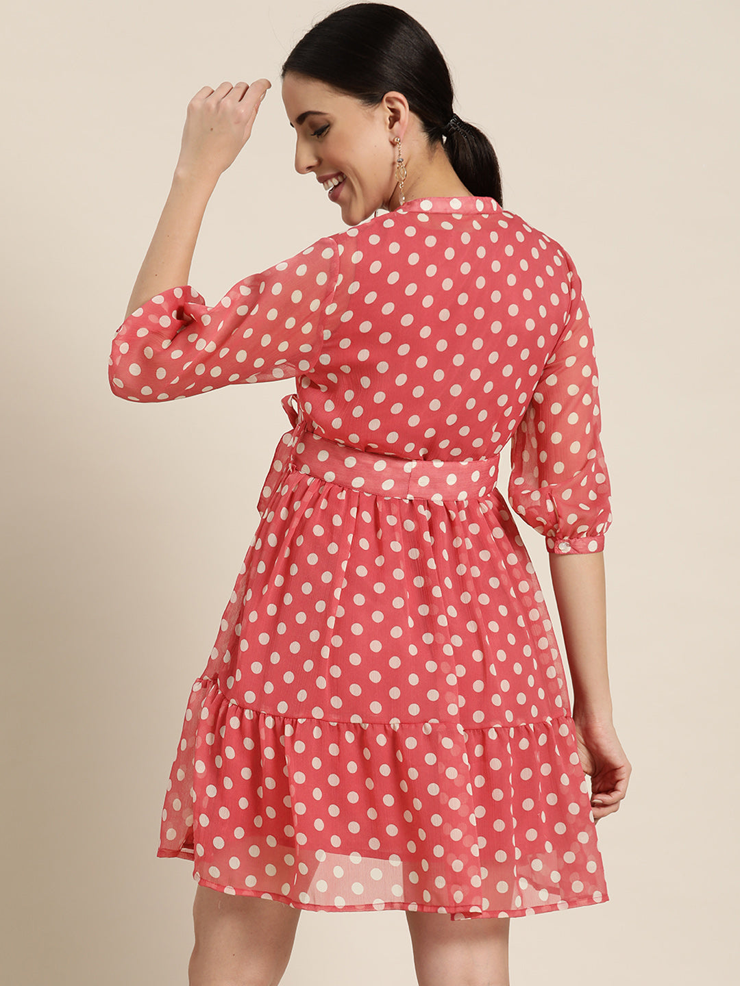 Juniper Pink Polka Dot Printed Chiffon Short Dress