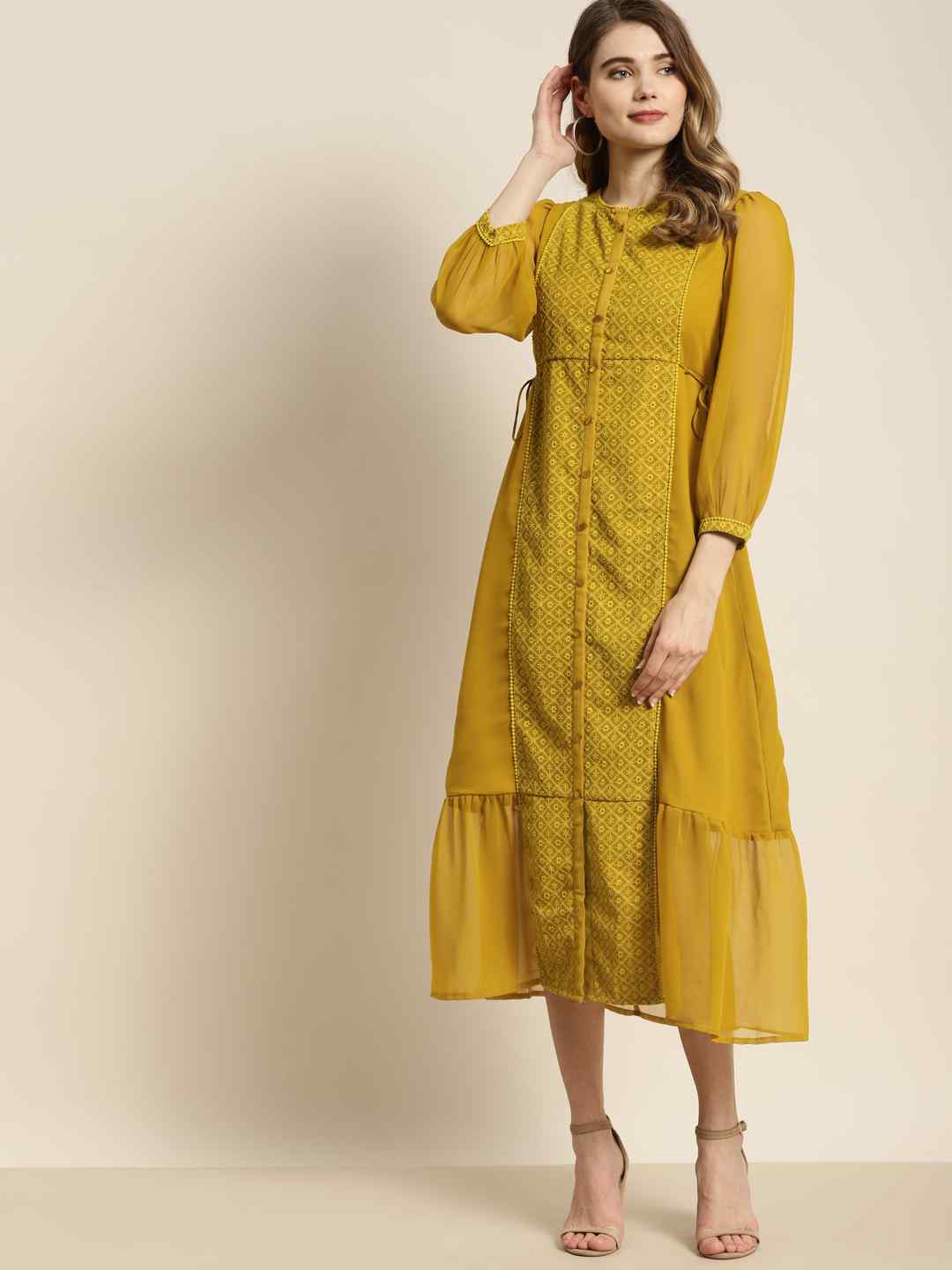 Juniper Mustard Georgette Embroidered A-Line Printed Dress - Juniper Fashion