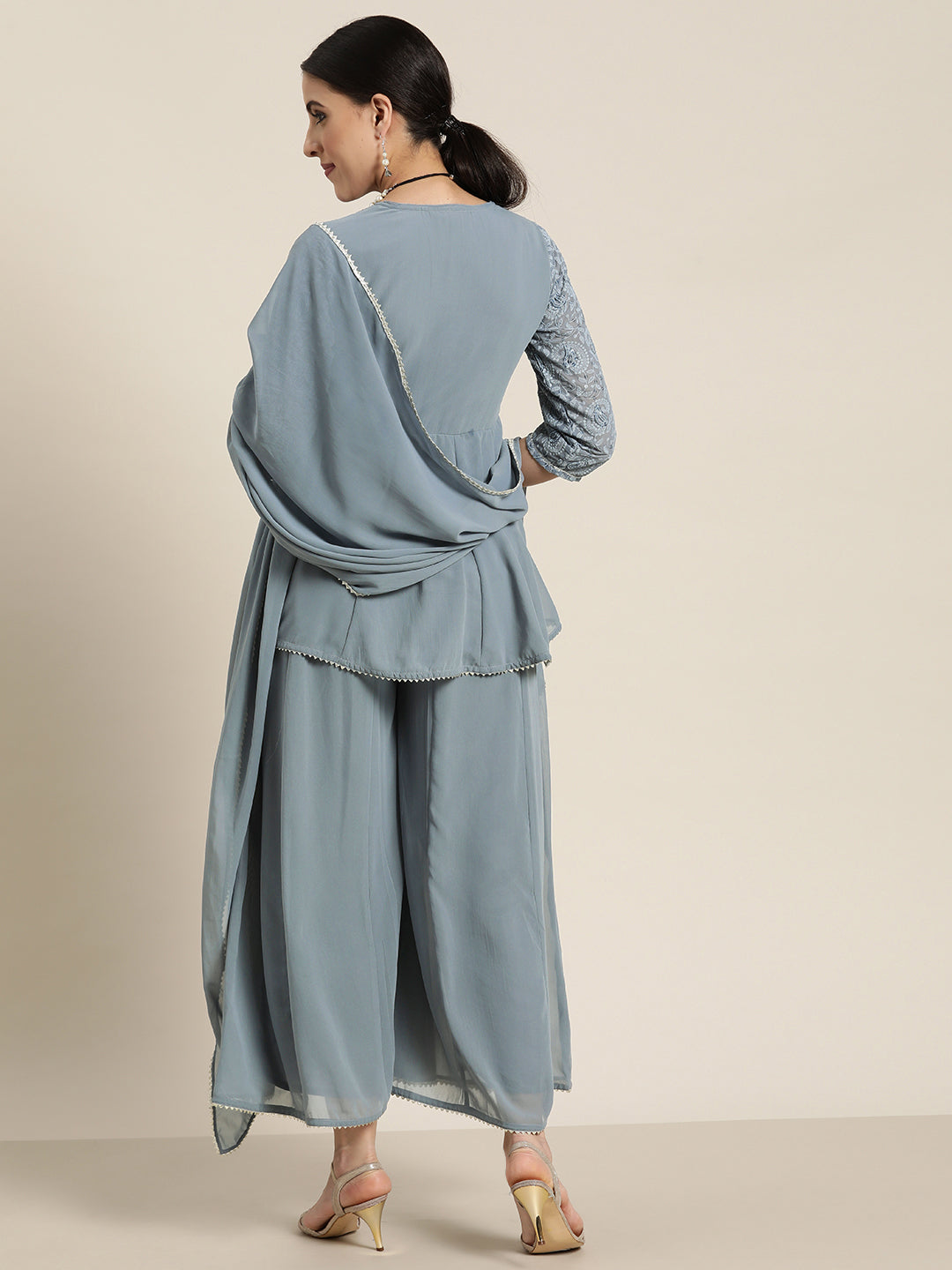 Juniper Grey Georgette Lacy Kurta Palazzo & Dupatta Set  With Thread Embroidery On Yoke