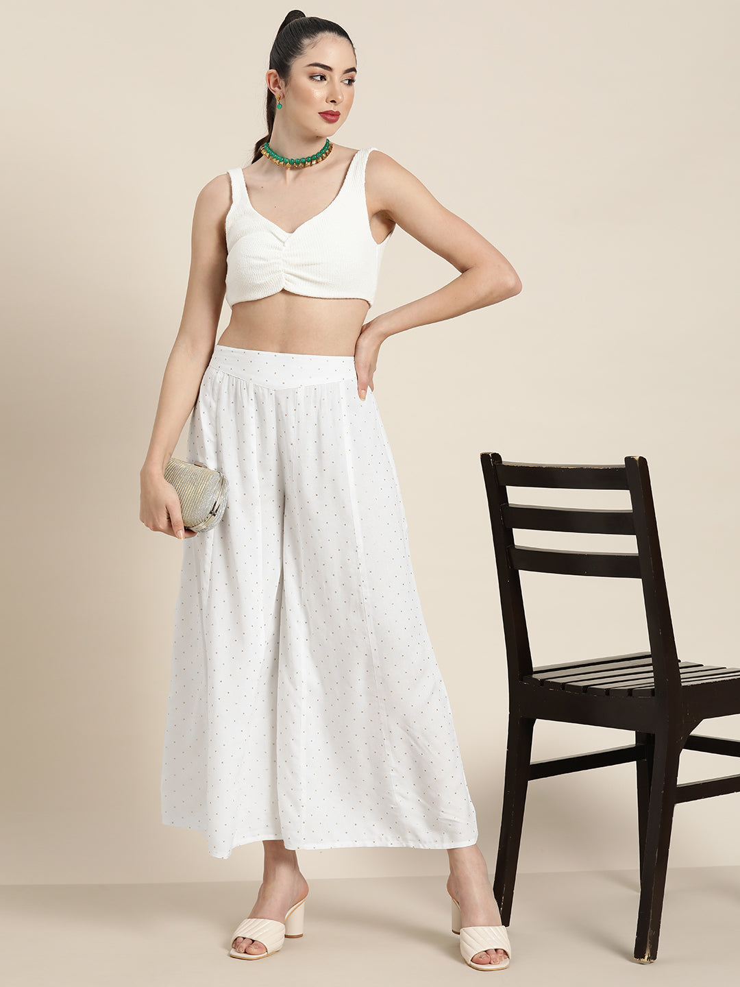 Juniper Off-White Polka Dot Printed Rayon Flared Palazzo