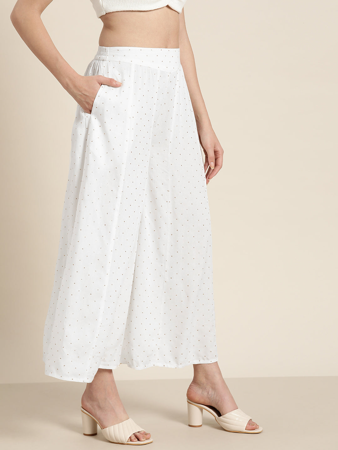 Juniper Off-White Polka Dot Printed Rayon Flared Palazzo