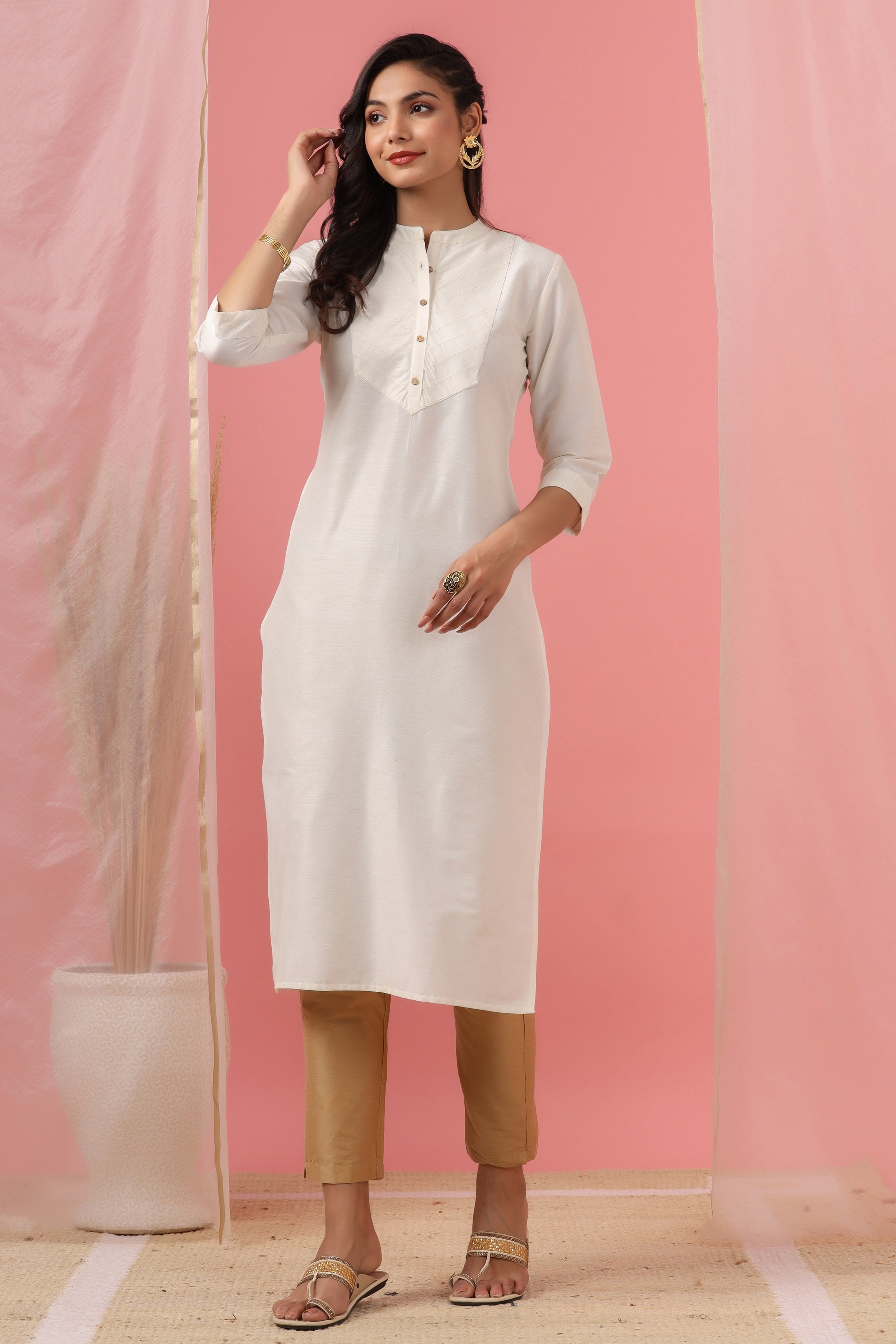 Juniper Women`s Beige Tussar Silk Solid Straight Kurta