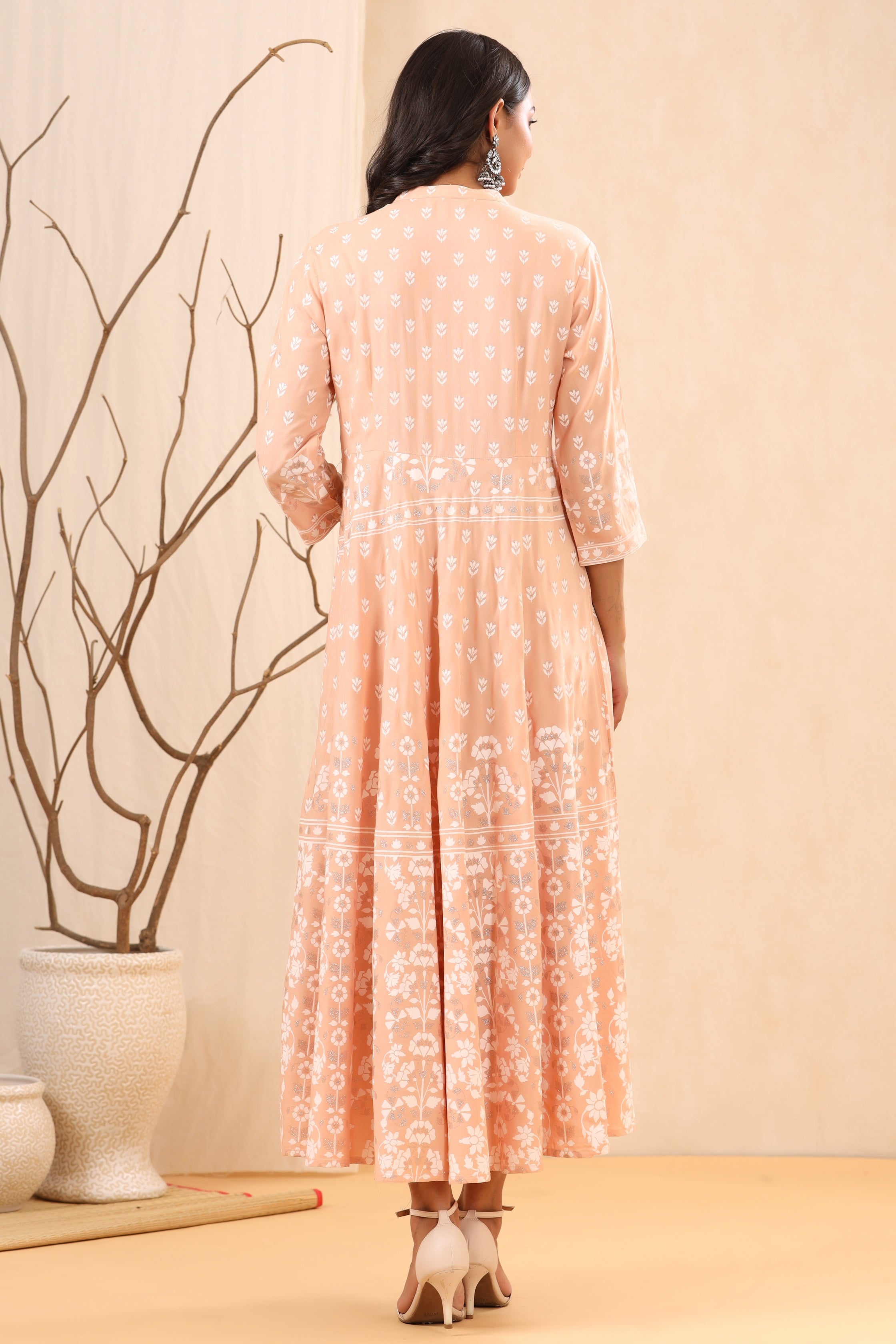 Juniper Peach Ethnic Motif Printed Rayon Maxi dress