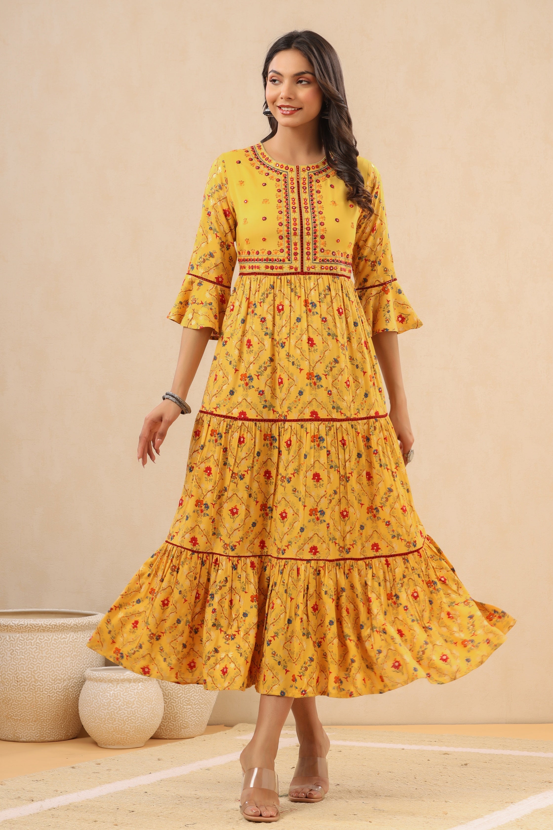 Juniper Women`s Yellow LIVA Rayon Embroidered & Printed Tiered Dress