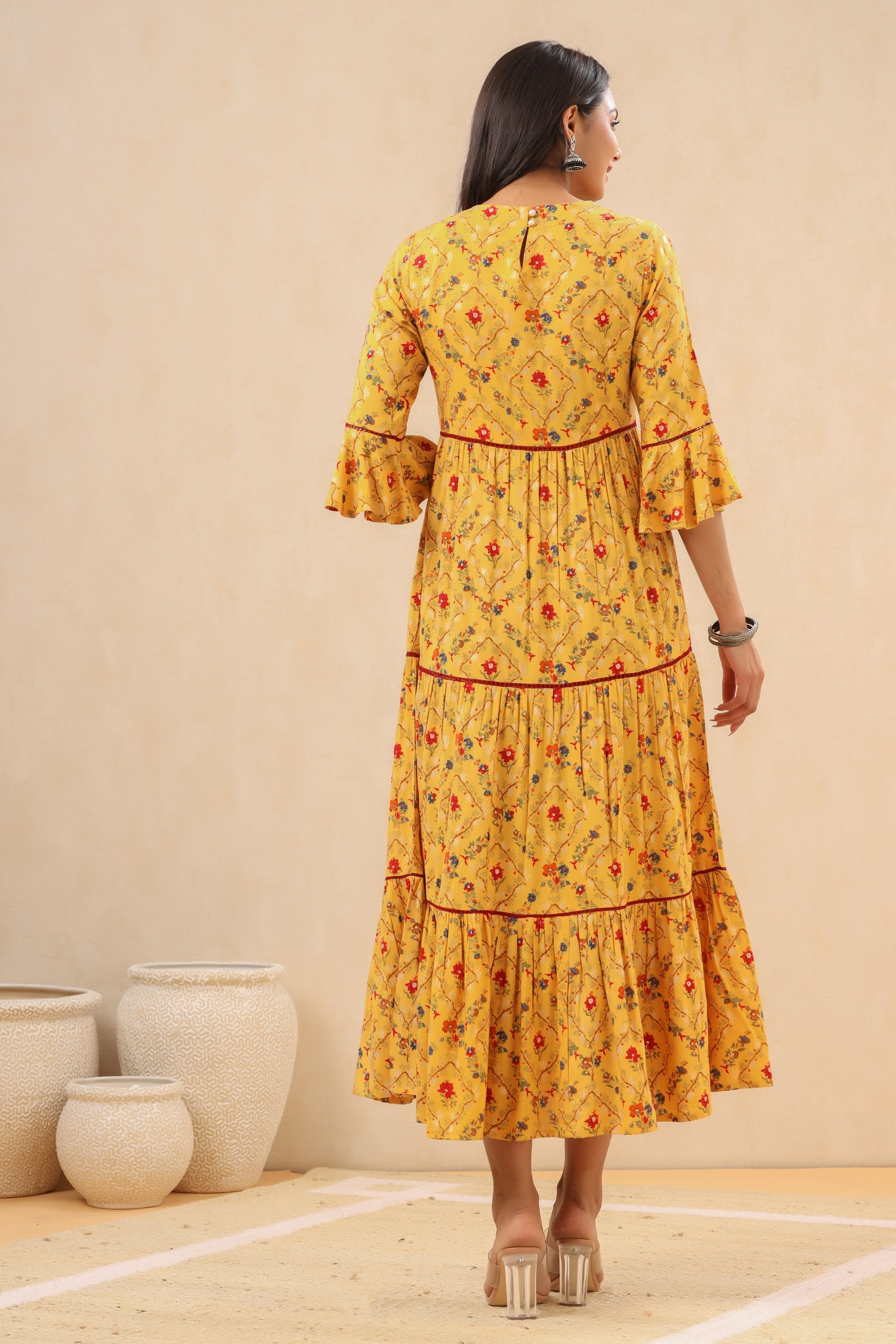 Juniper Women`s Yellow LIVA Rayon Embroidered & Printed Tiered Dress