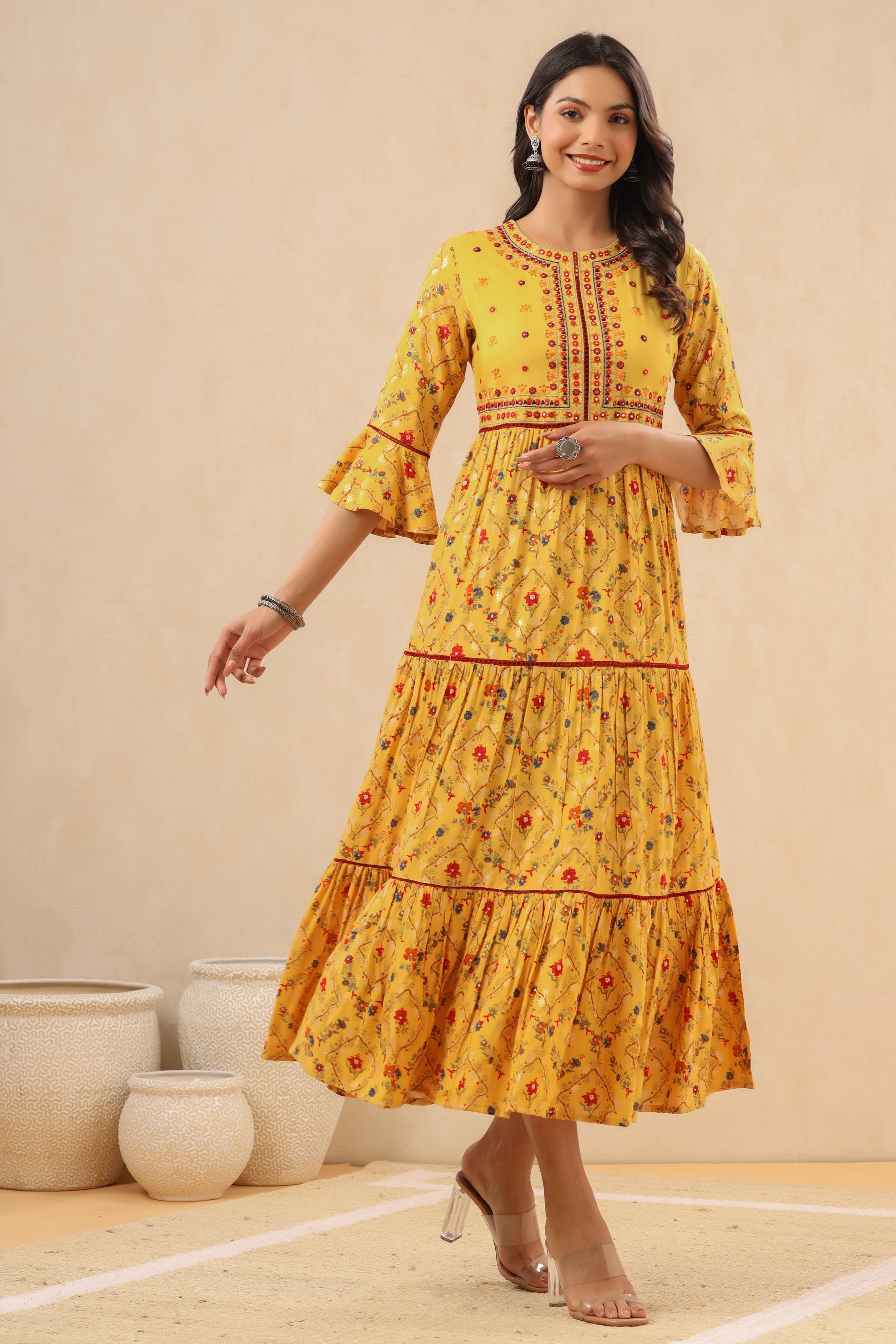 Juniper Women`s Yellow LIVA Rayon Embroidered & Printed Tiered Dress