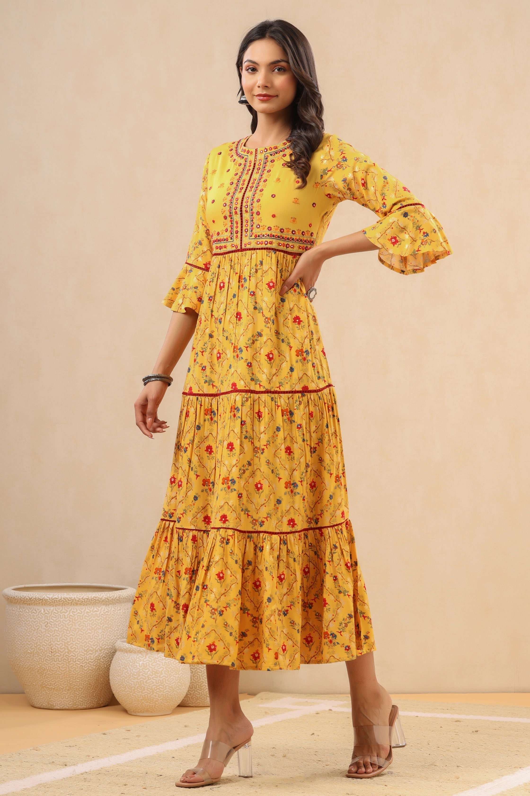 Juniper Women`s Yellow LIVA Rayon Embroidered & Printed Tiered Dress