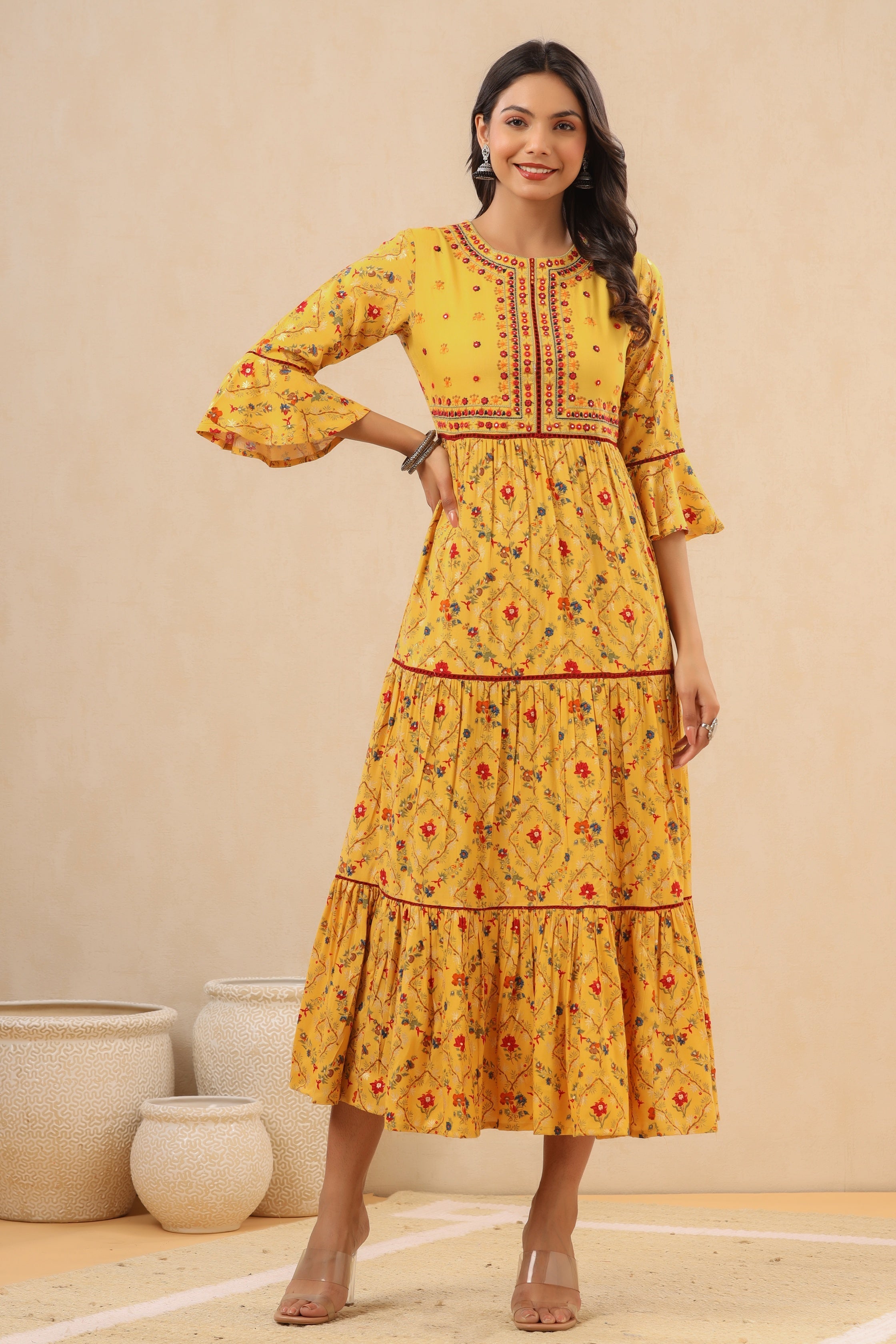 Juniper Women`s Yellow LIVA Rayon Embroidered & Printed Tiered Dress