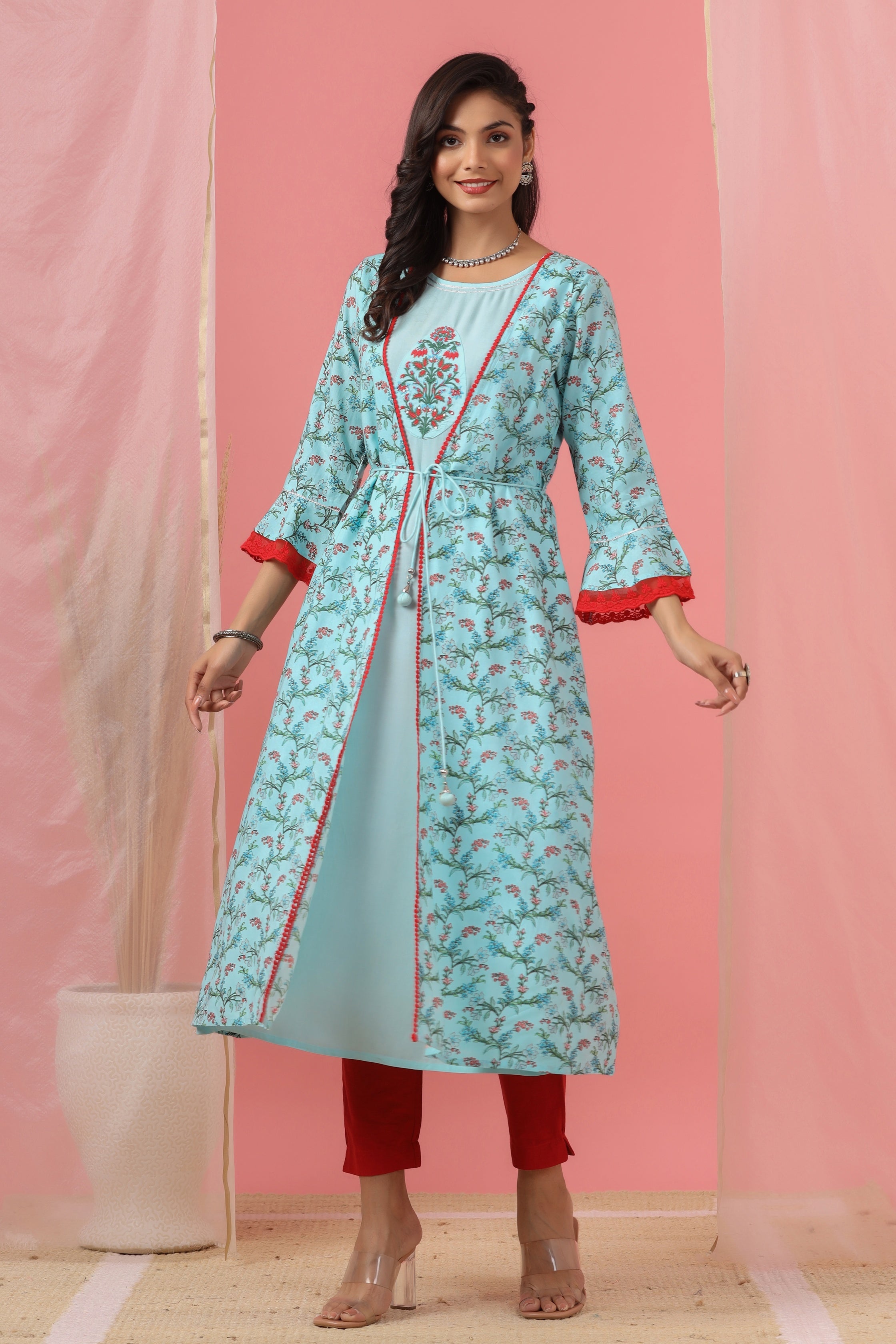 Juniper Sky Blue Floral Printed Cotton Lacy Jacket Style Dress With Thread Work & Dori At Waist