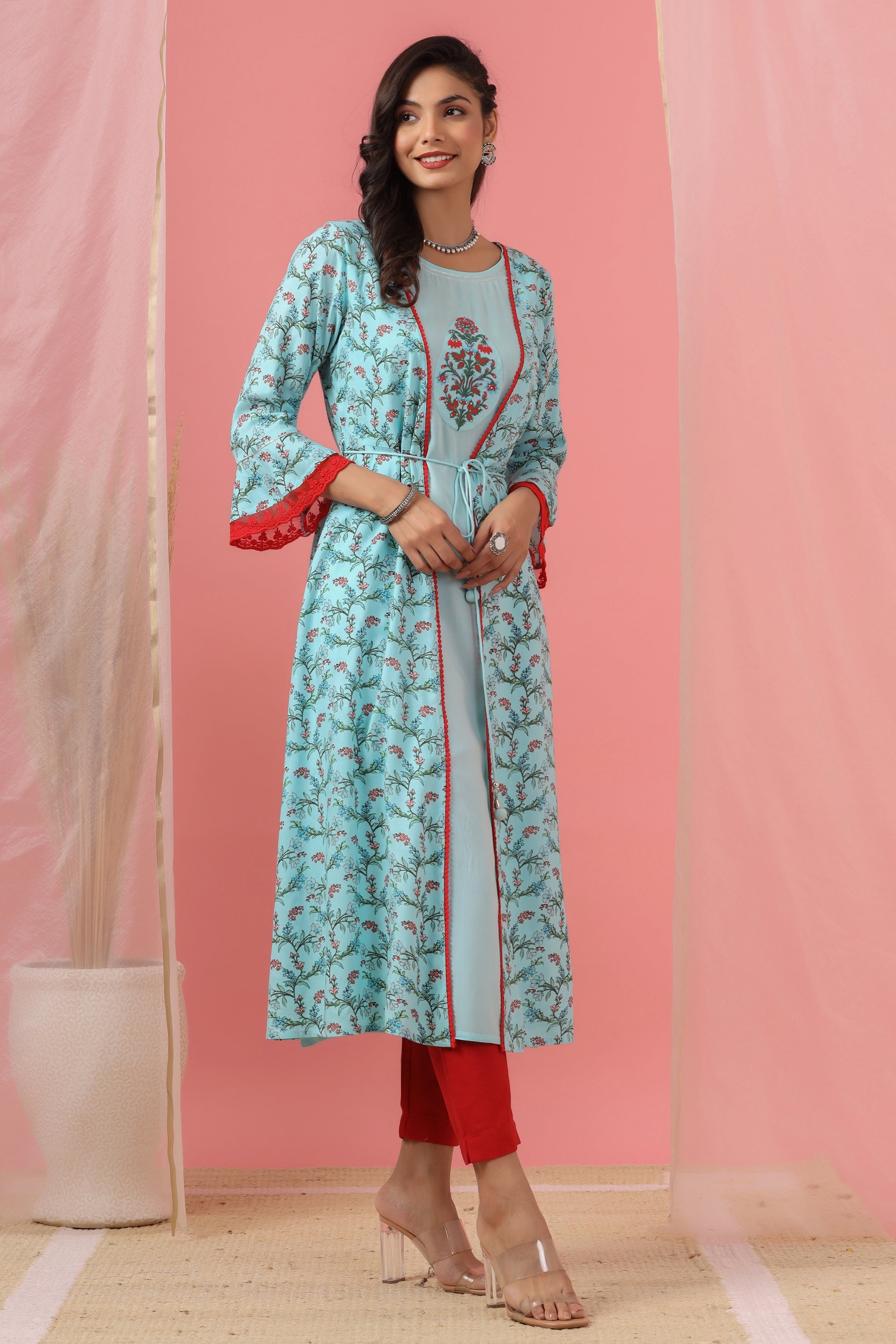 Juniper Sky Blue Floral Printed Cotton Lacy Jacket Style Dress With Thread Work & Dori At Waist