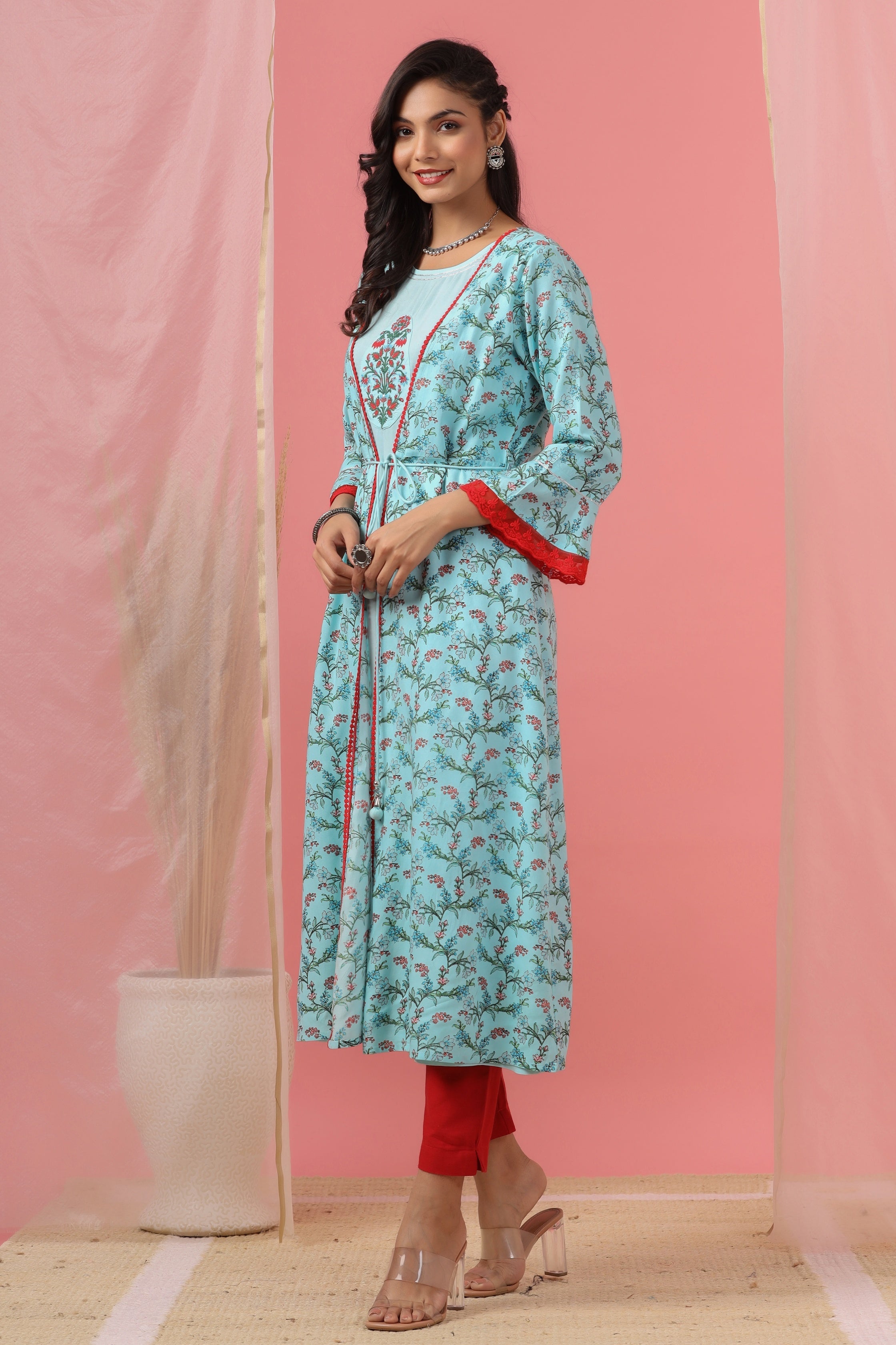 Juniper Sky Blue Floral Printed Cotton Lacy Jacket Style Dress With Thread Work & Dori At Waist