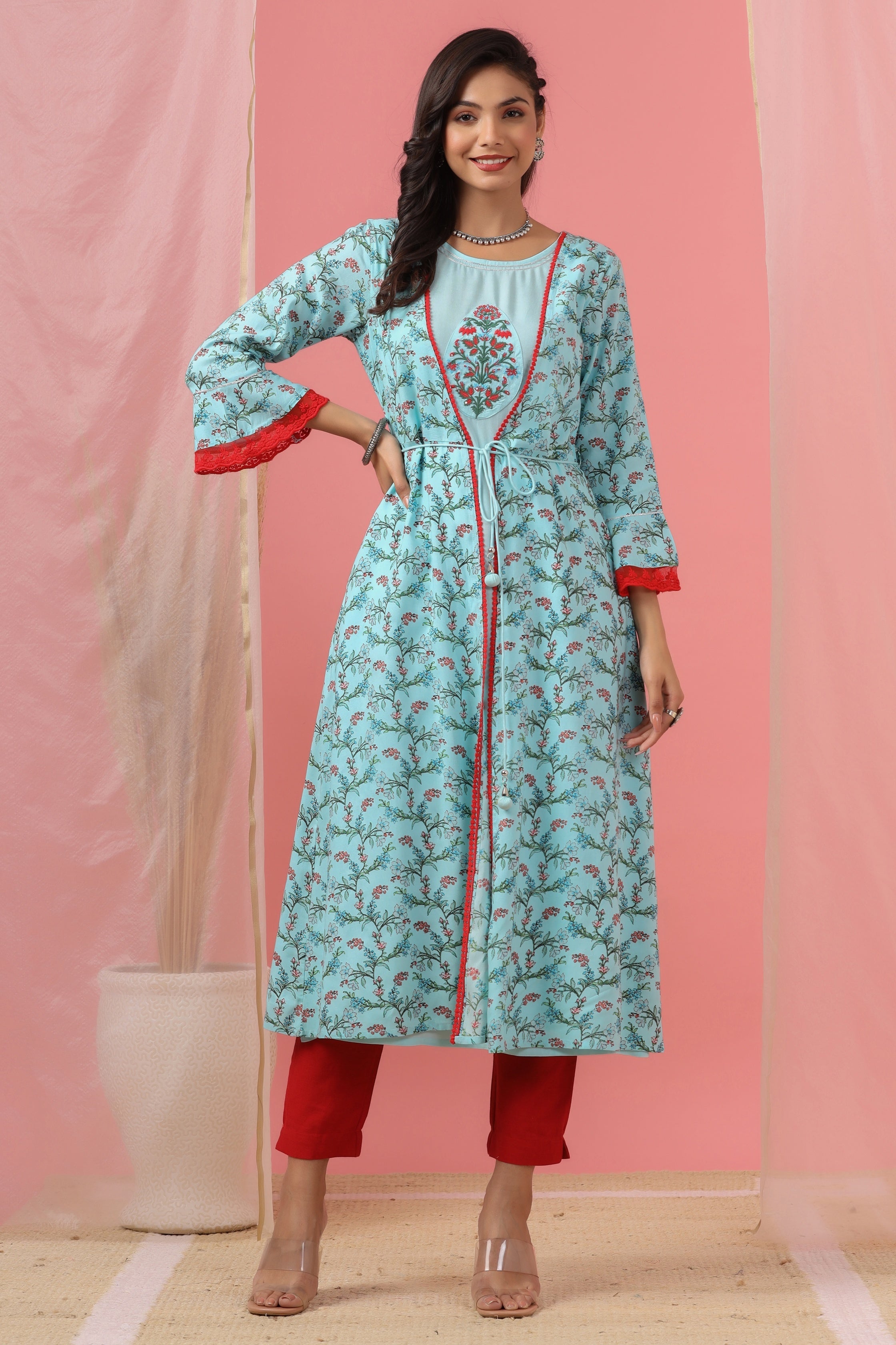 Juniper Sky Blue Floral Printed Cotton Lacy Jacket Style Dress With Thread Work & Dori At Waist