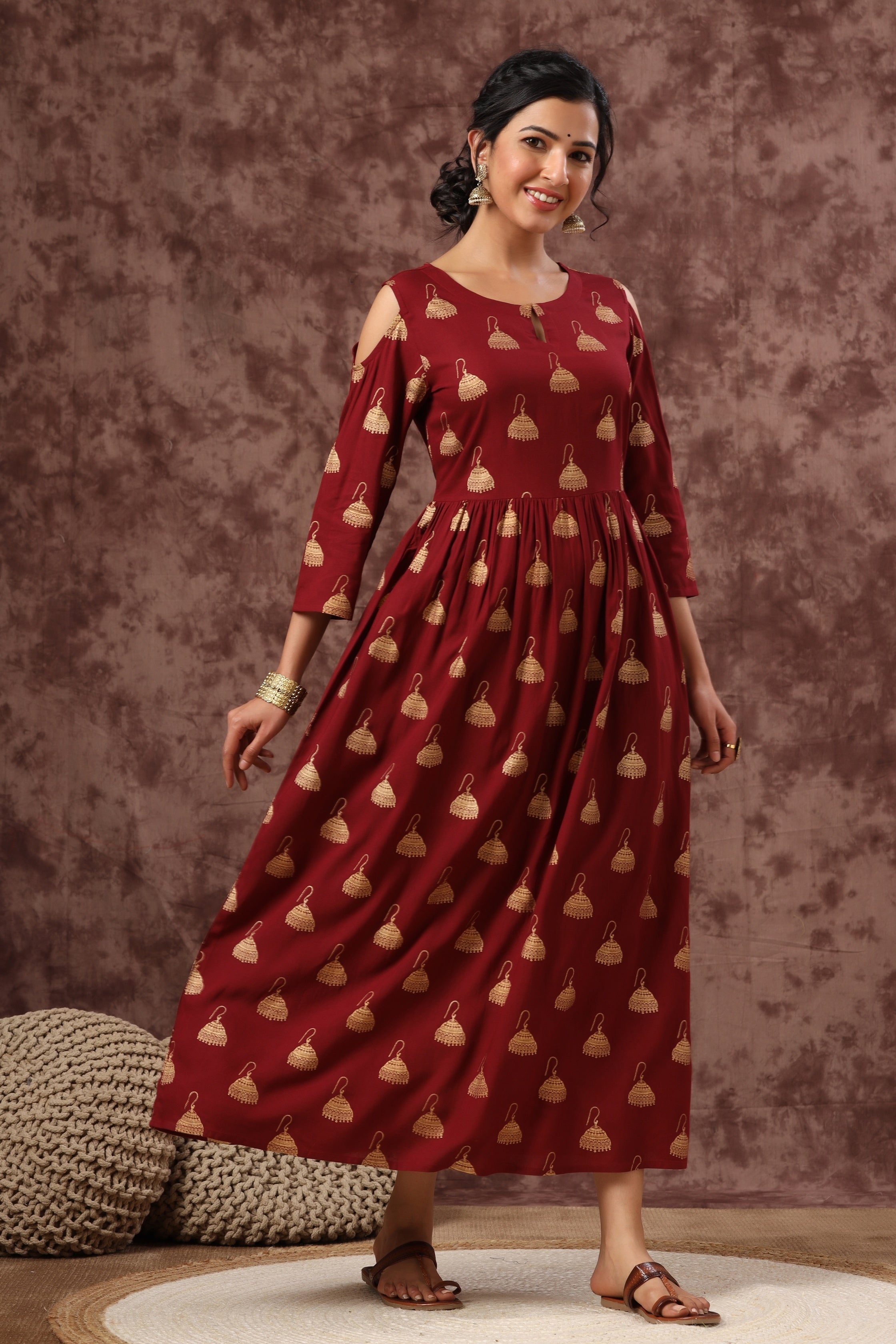 Juniper Women`s Maroon LIVA Rayon Printed Flared Dress