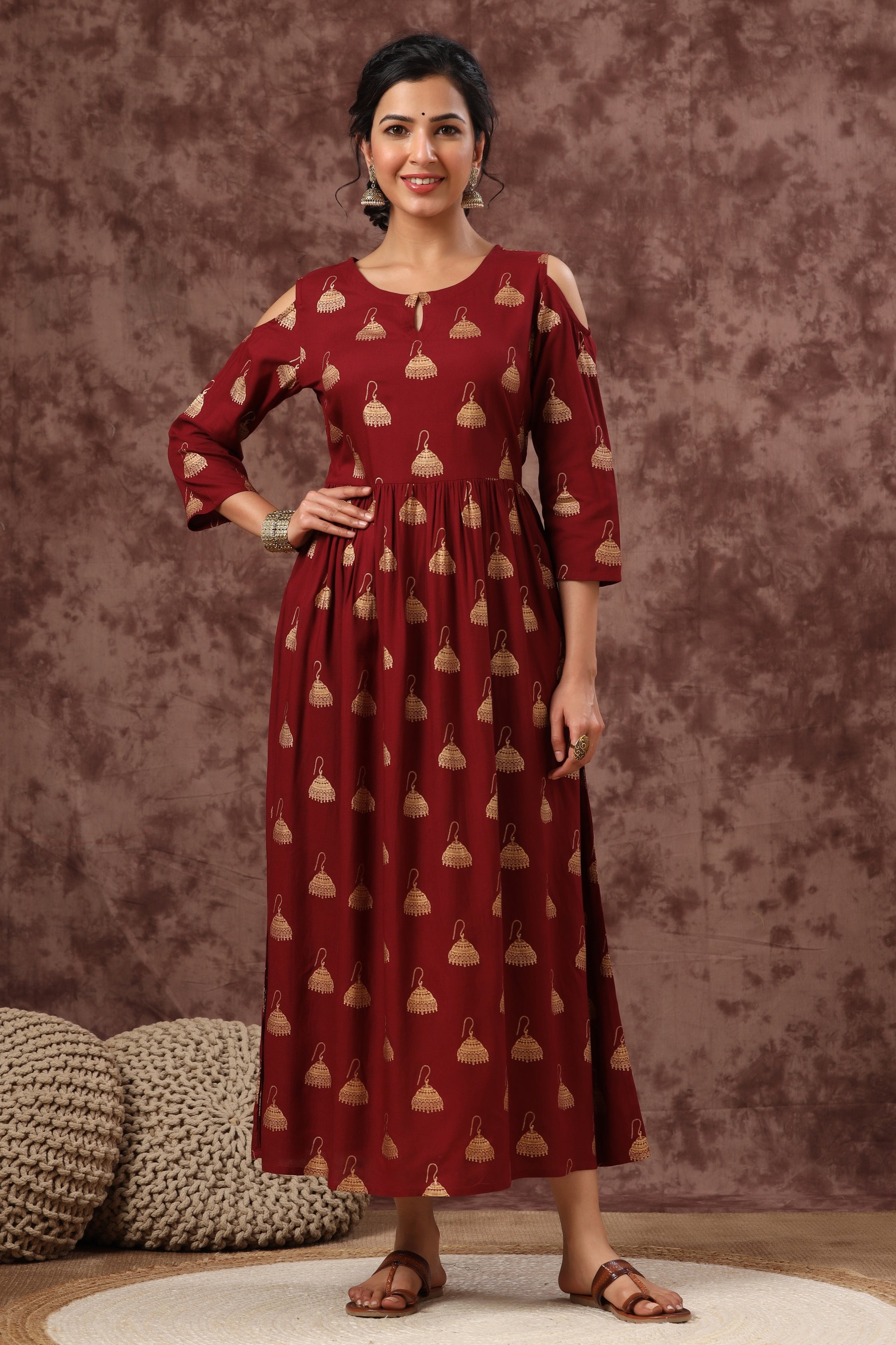 Juniper Women`s Maroon LIVA Rayon Printed Flared Dress