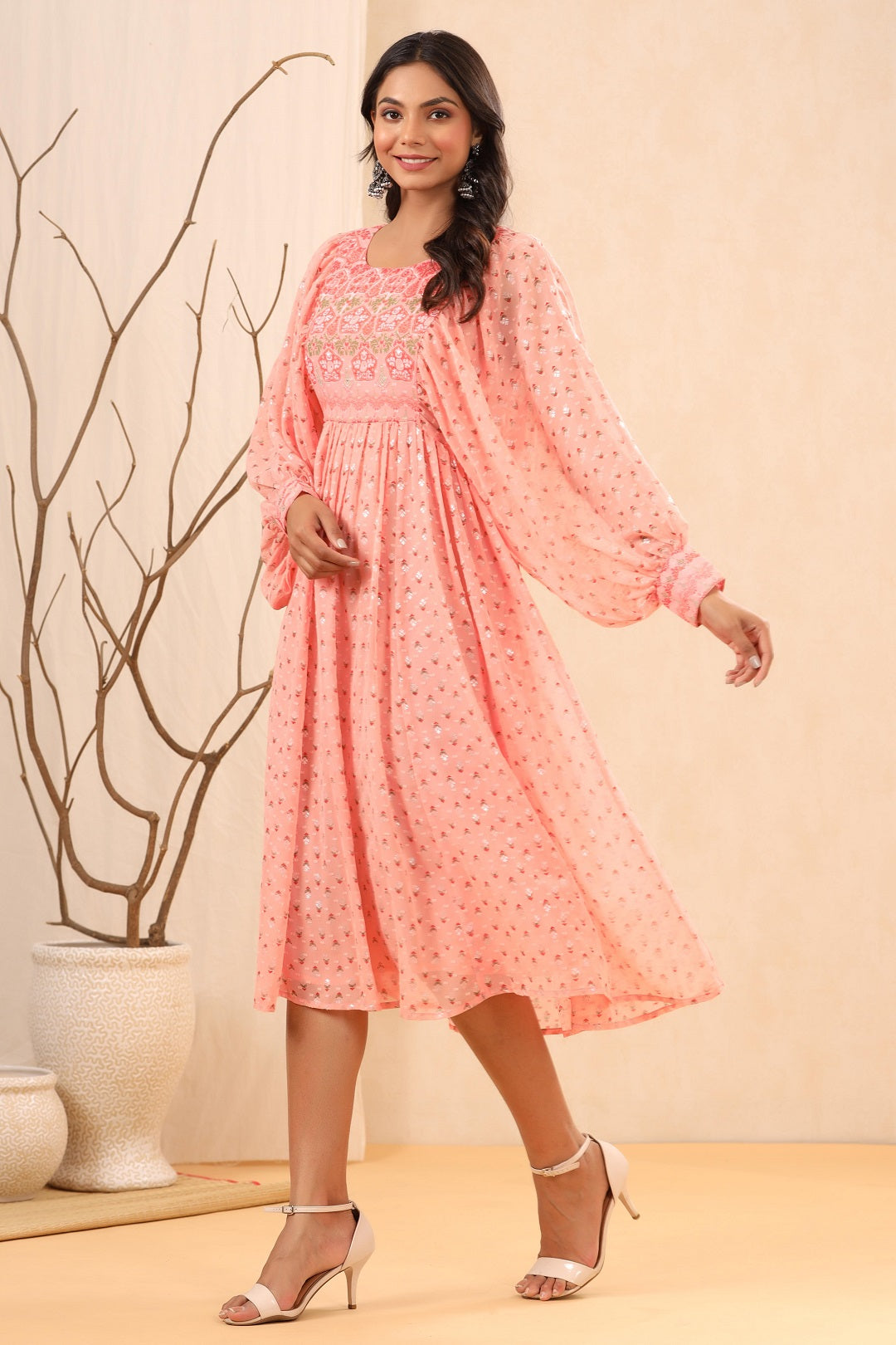 Juniper Peach Ethnic Motif Printed Georgette Midi  Dress With Sequins Work