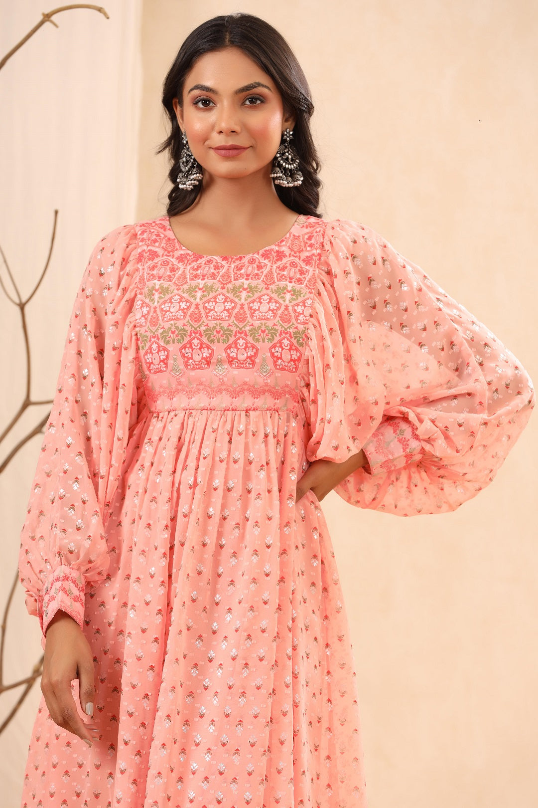 Juniper Peach Ethnic Motif Printed Georgette Midi  Dress With Sequins Work