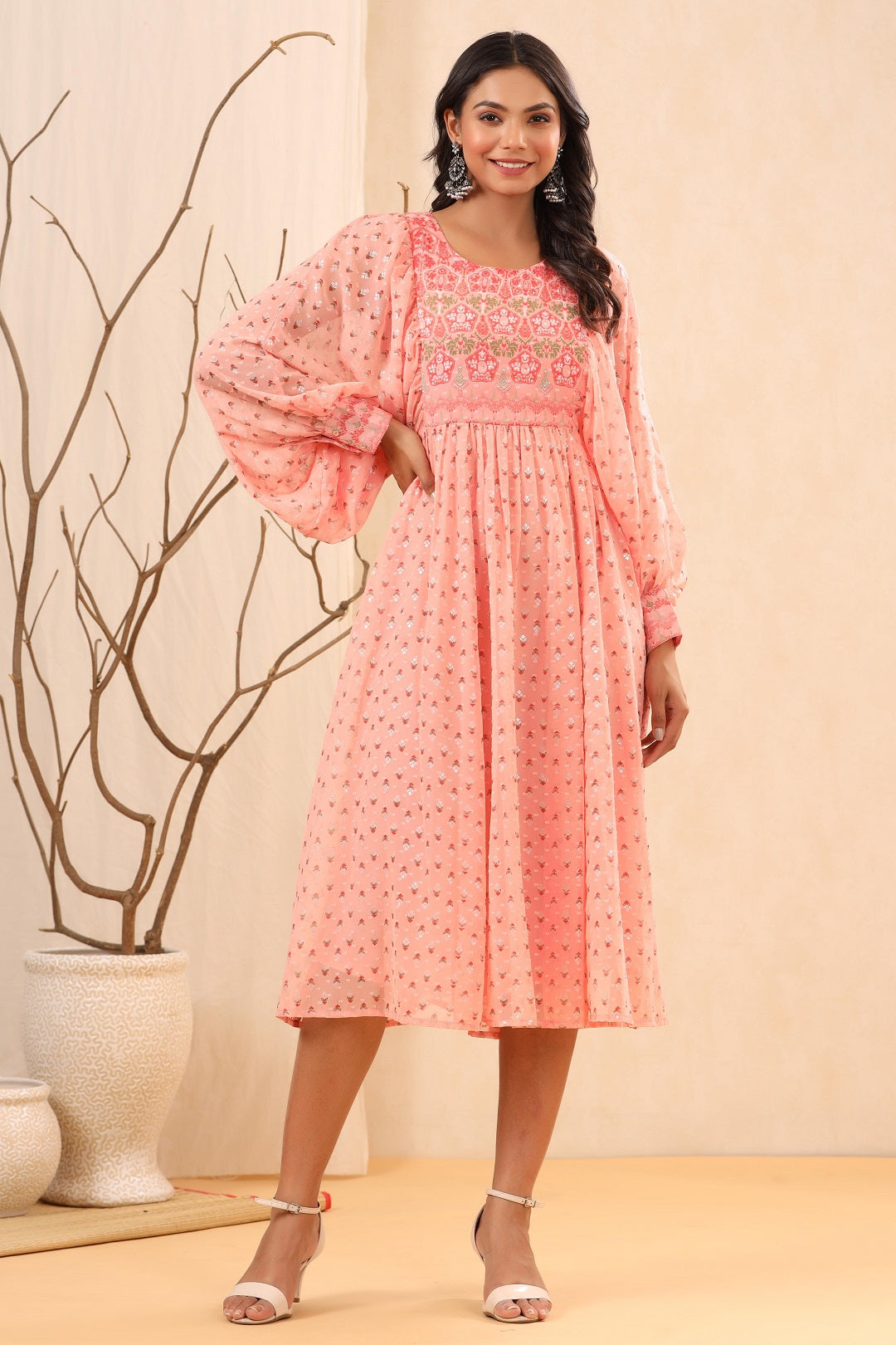 Juniper Peach Ethnic Motif Printed Georgette Midi  Dress With Sequins Work