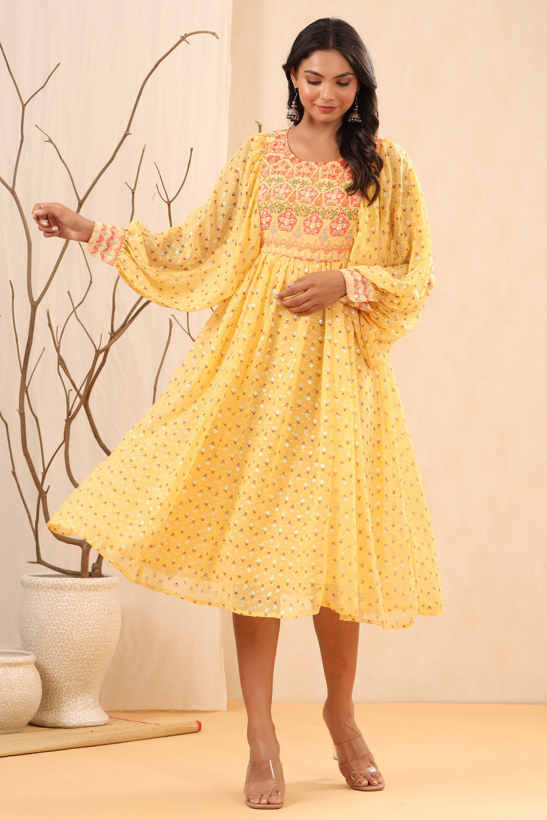 Juniper Yellow Ethnic Motif Printed Georgette Midi  Dress With Sequins Work