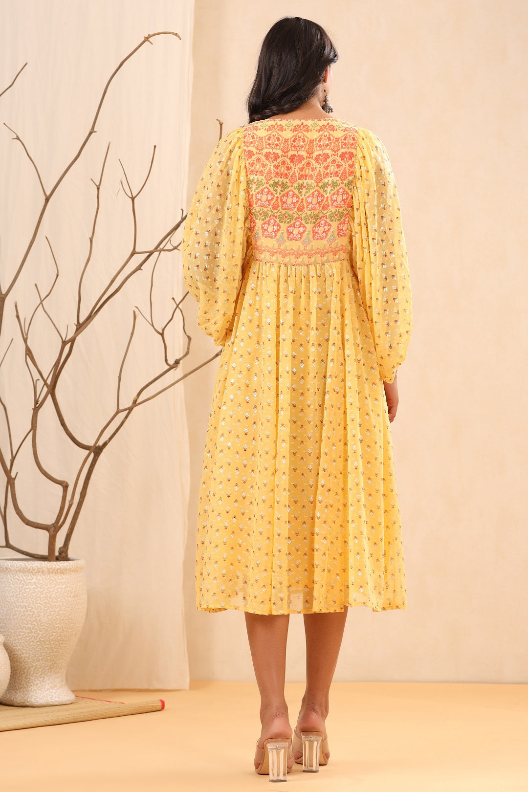 Juniper Yellow Ethnic Motif Printed Georgette Midi  Dress With Sequins Work